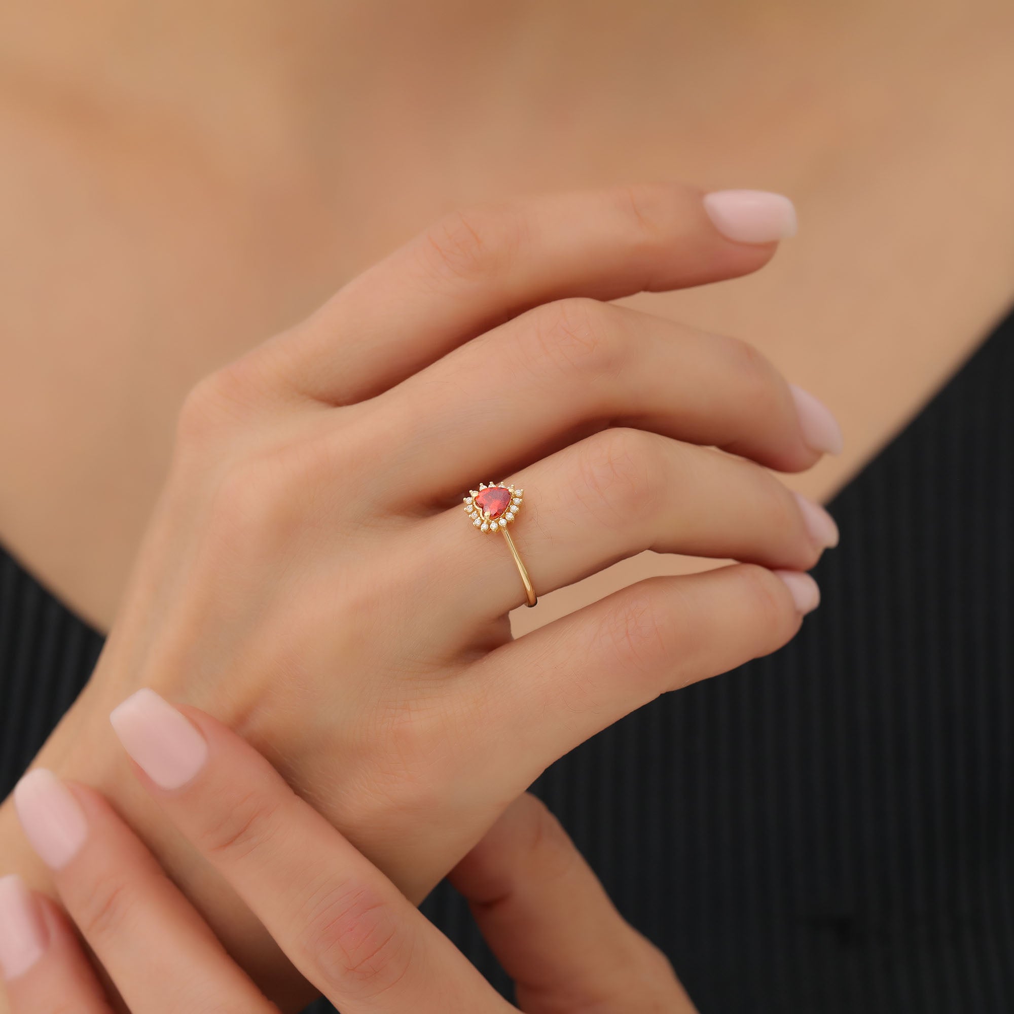 Garnet Heart Ring by 16 Real Diamonds in 14K Solid Gold, January Birthstone Jewelry Queen Jewelry Rings