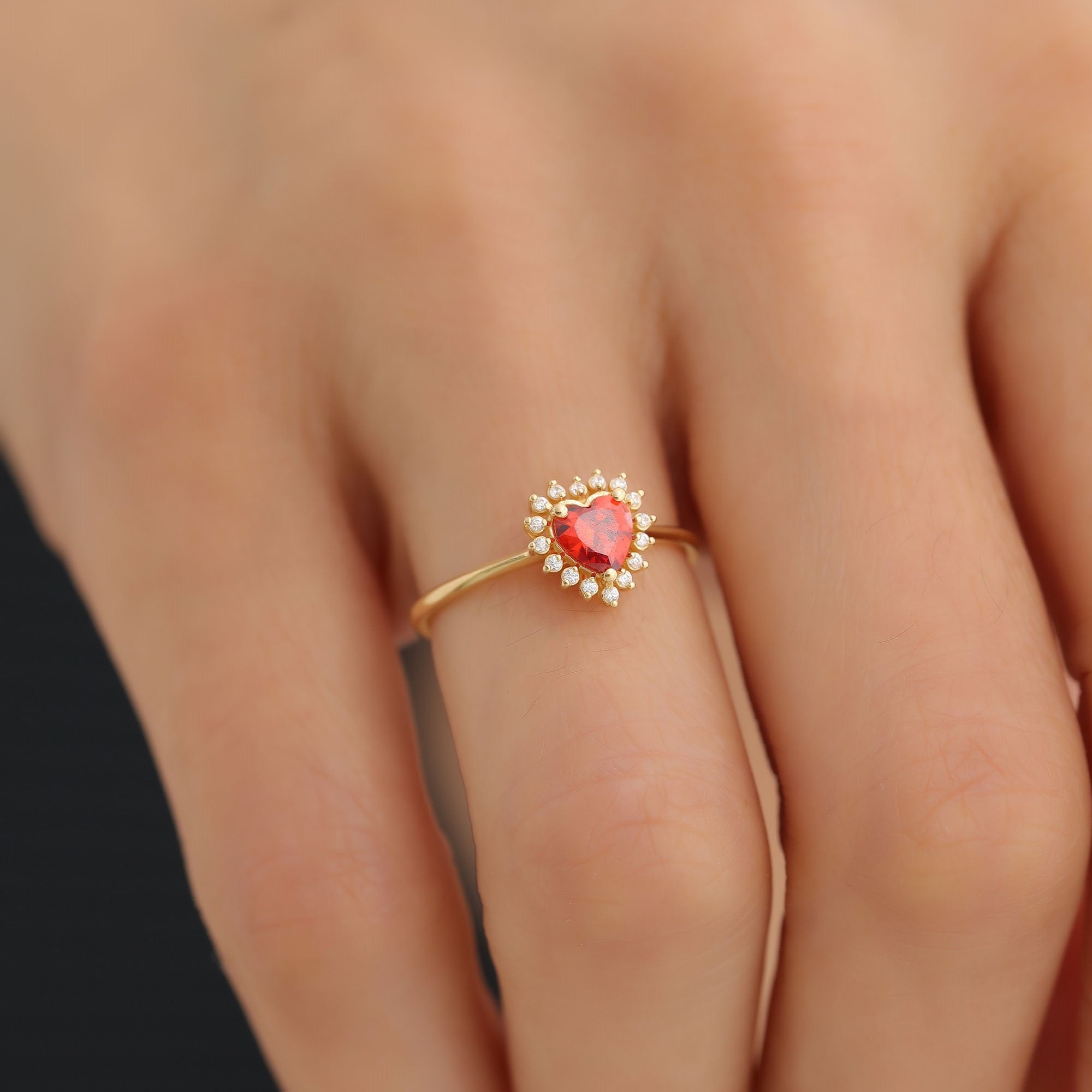 Garnet Heart Ring by 16 Real Diamonds in 14K Solid Gold, January Birthstone Jewelry Queen Jewelry Rings