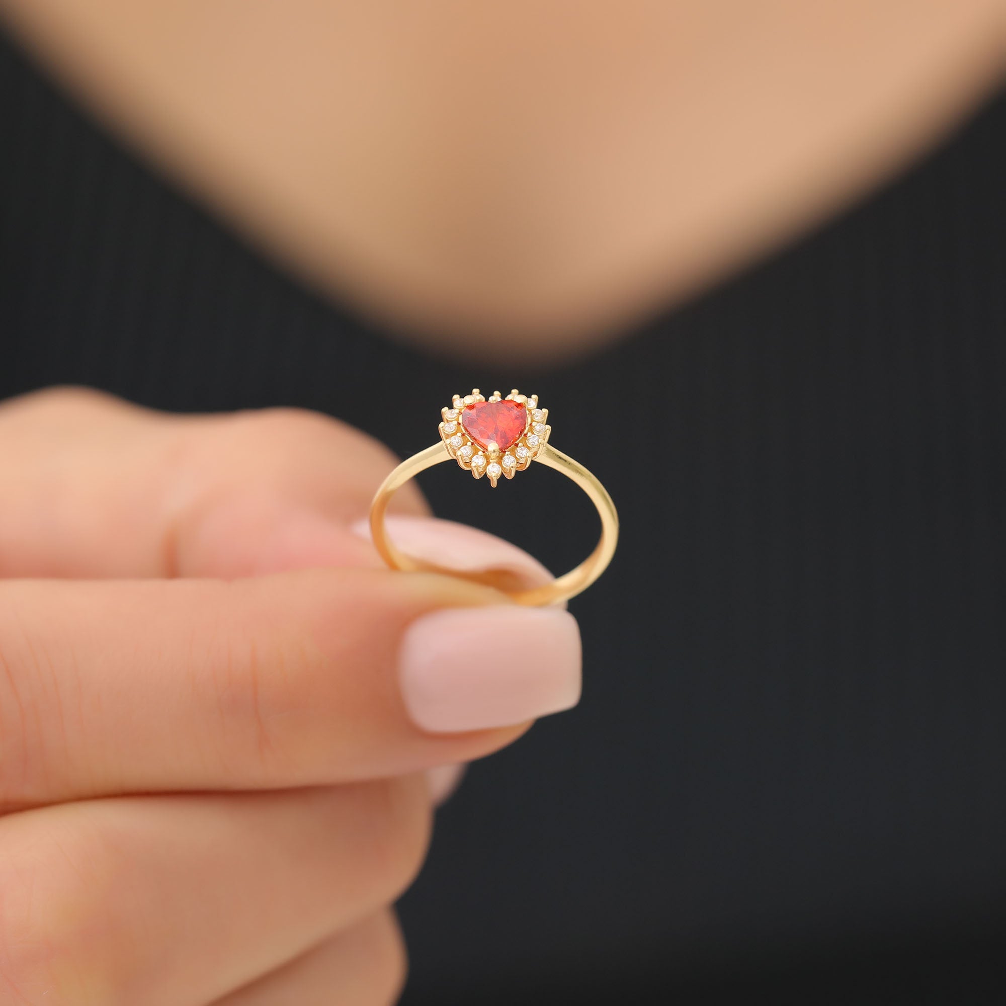 Garnet Heart Ring by 16 Real Diamonds in 14K Solid Gold, January Birthstone Jewelry Queen Jewelry Rings