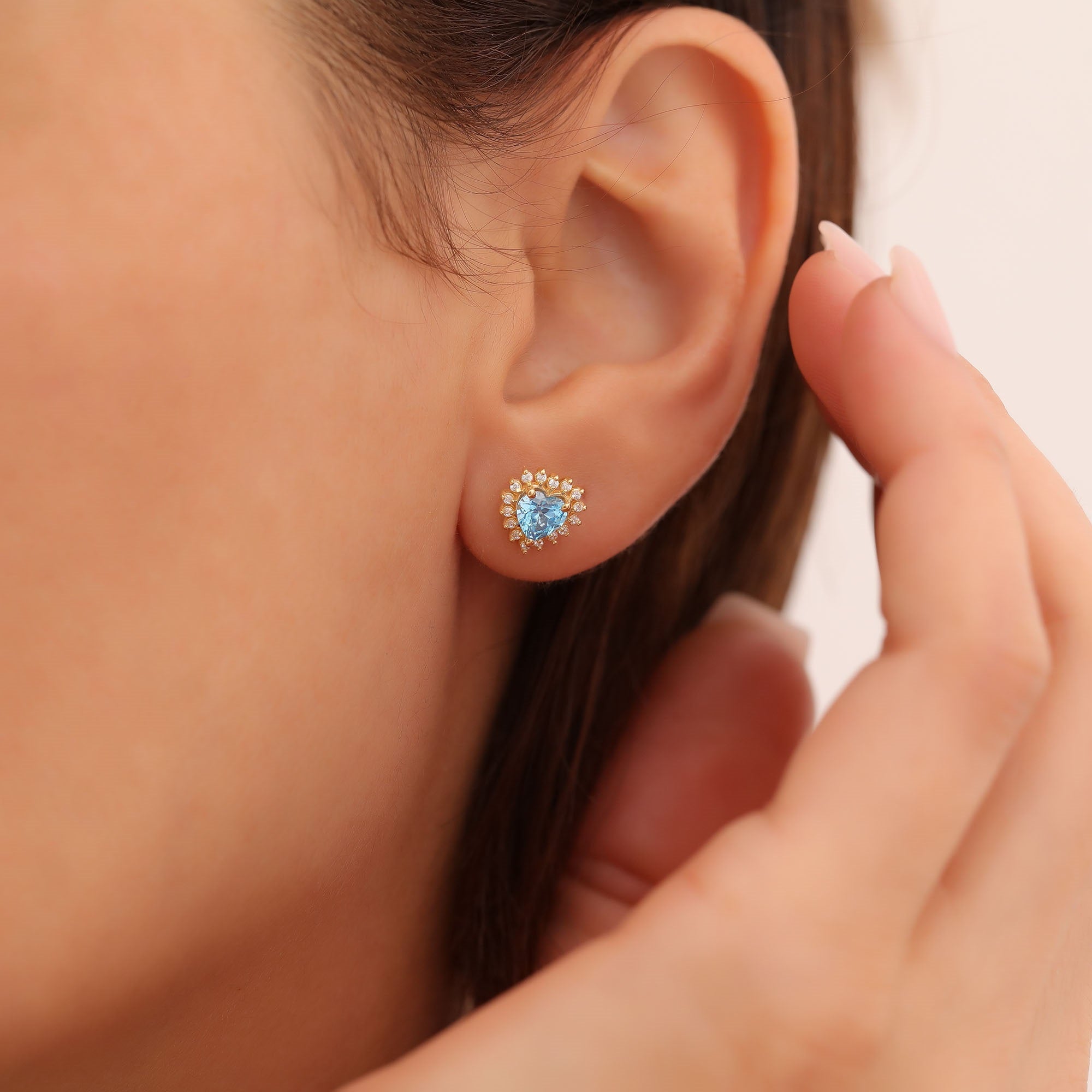 Blue Topaz Heart Shaped Stud Earring in 14K Solid Gold surrounded by Real Diamonds, December Birthstone Jewelry Queen Jewelry Earrings