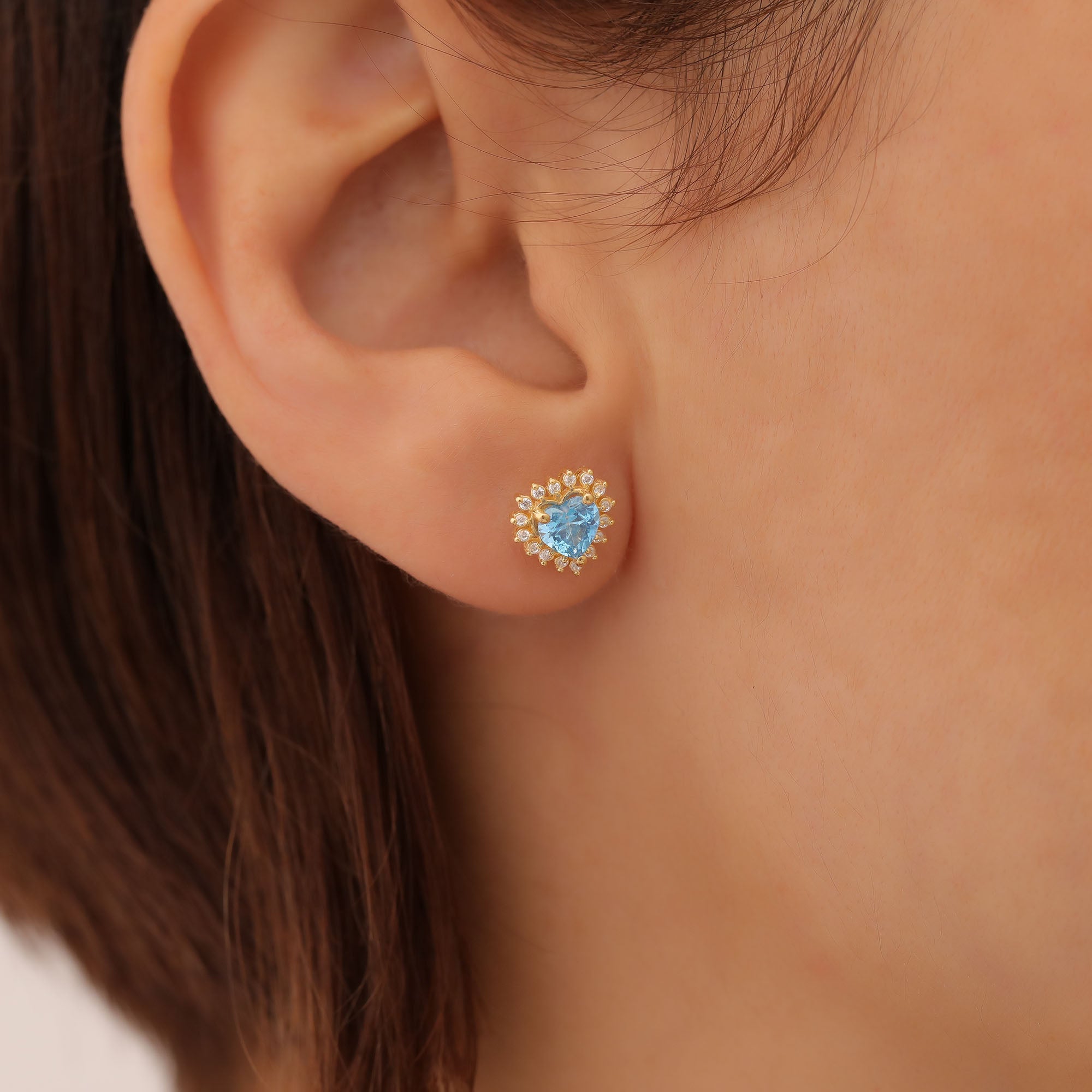 Blue Topaz Heart Shaped Stud Earring in 14K Solid Gold surrounded by Real Diamonds, December Birthstone Jewelry Queen Jewelry Earrings