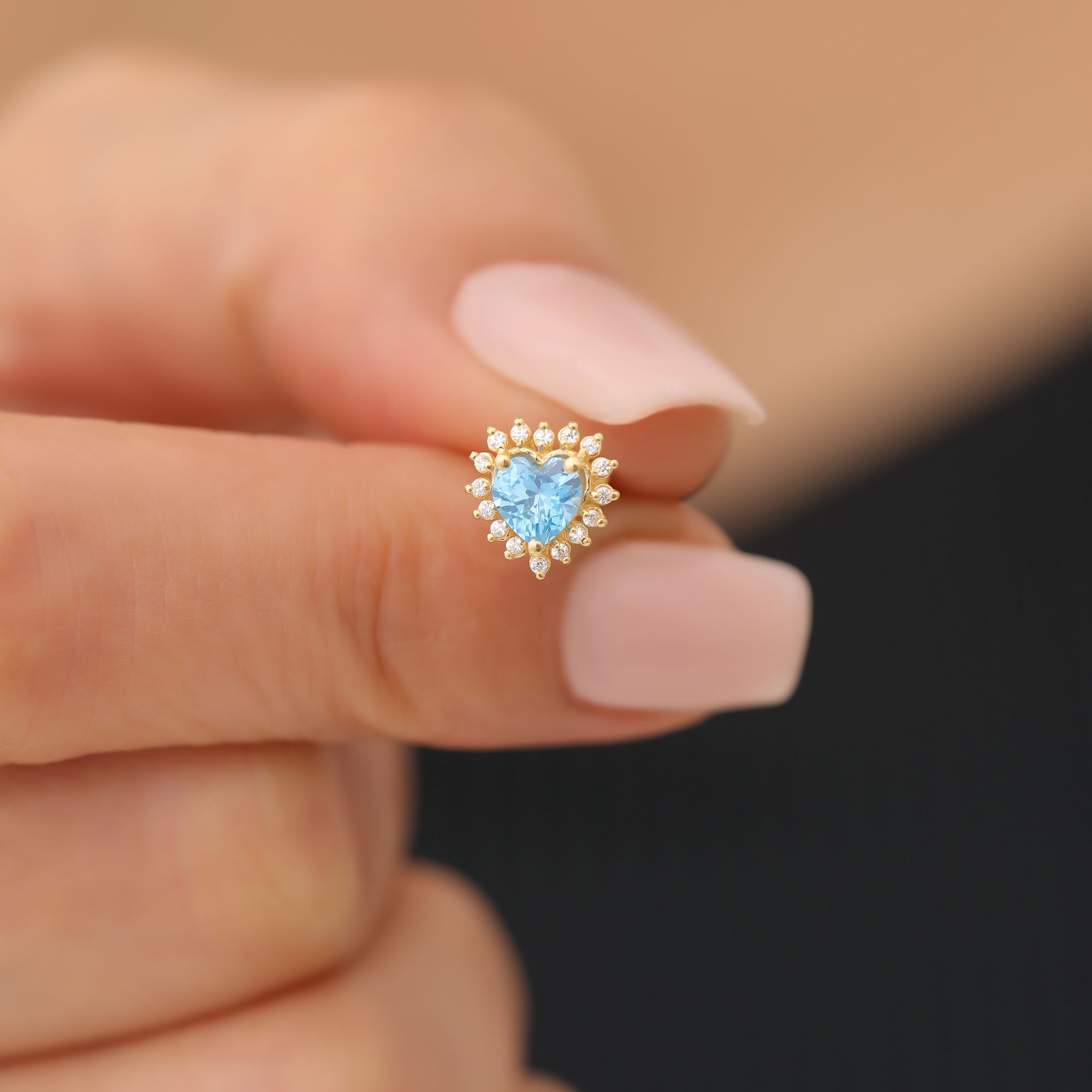 Blue Topaz Heart Shaped Stud Earring in 14K Solid Gold surrounded by Real Diamonds, December Birthstone Jewelry Queen Jewelry Earrings