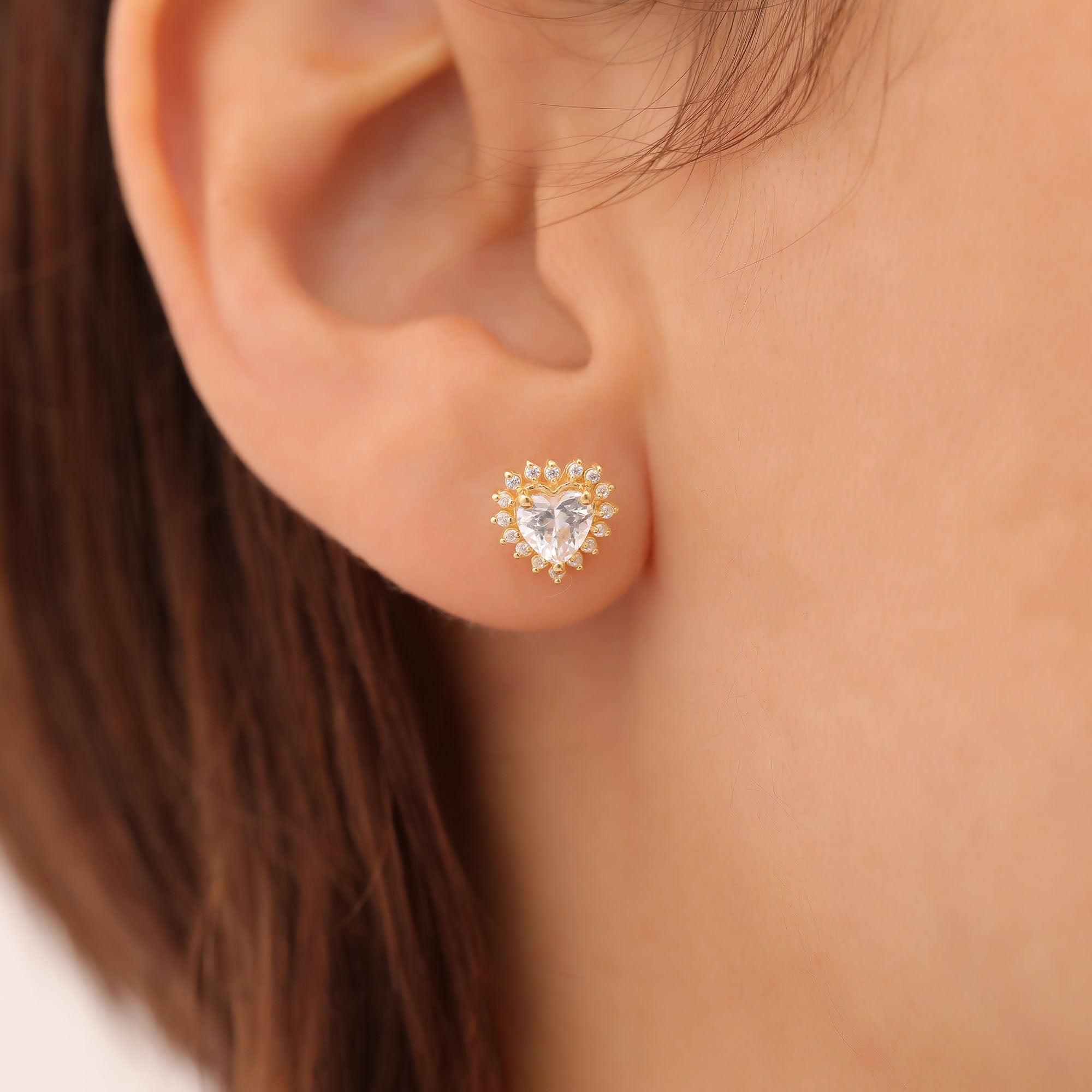 White Topaz Heart Shaped Stud Earring in 14K Solid Gold surrounded by Real Diamonds, April Birthstone Jewelry Queen Jewelry Earrings