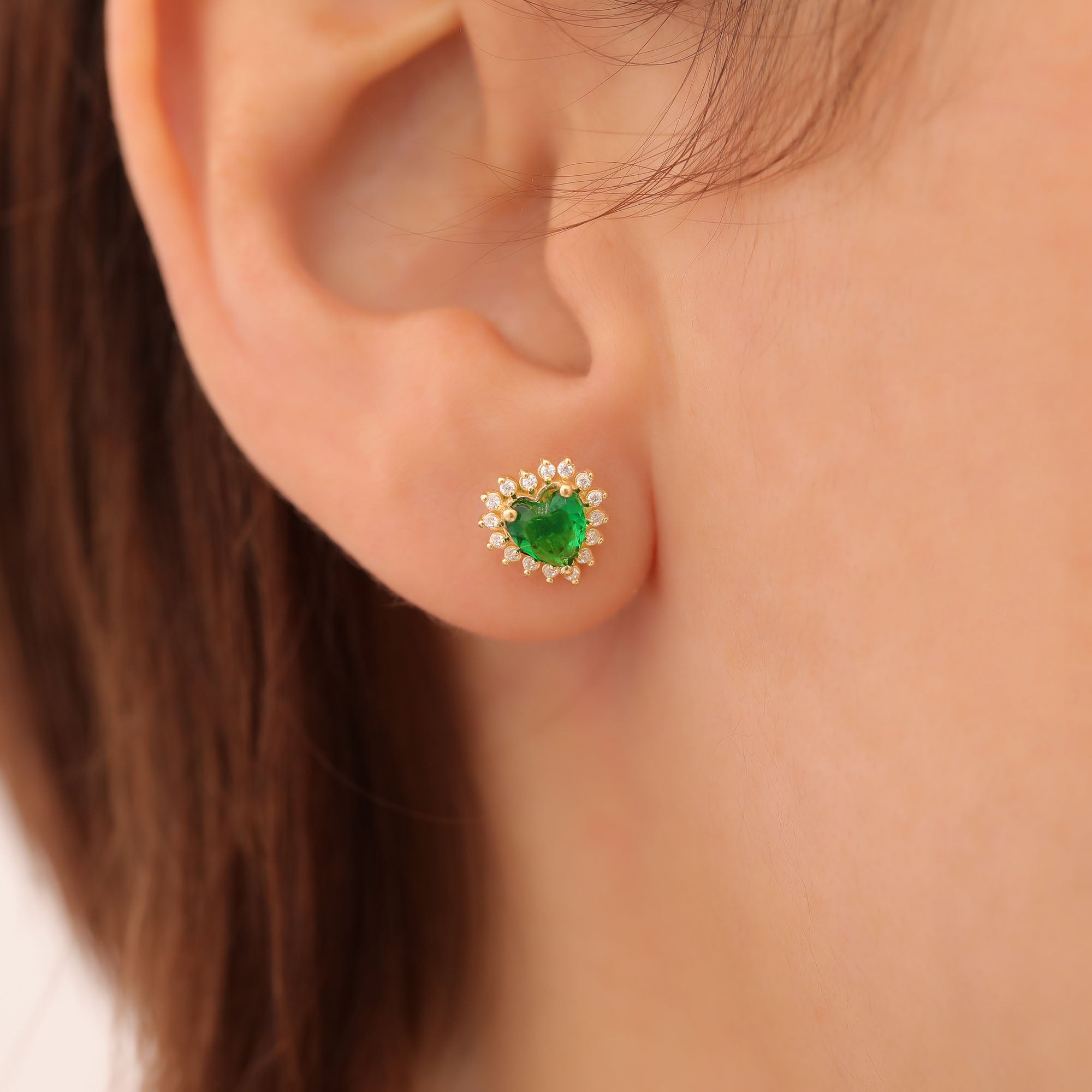Emerald Heart Shaped Stud Earring in 14K Solid Gold surrounded by Real Diamonds, May Birthstone Jewelry Queen Jewelry Earrings