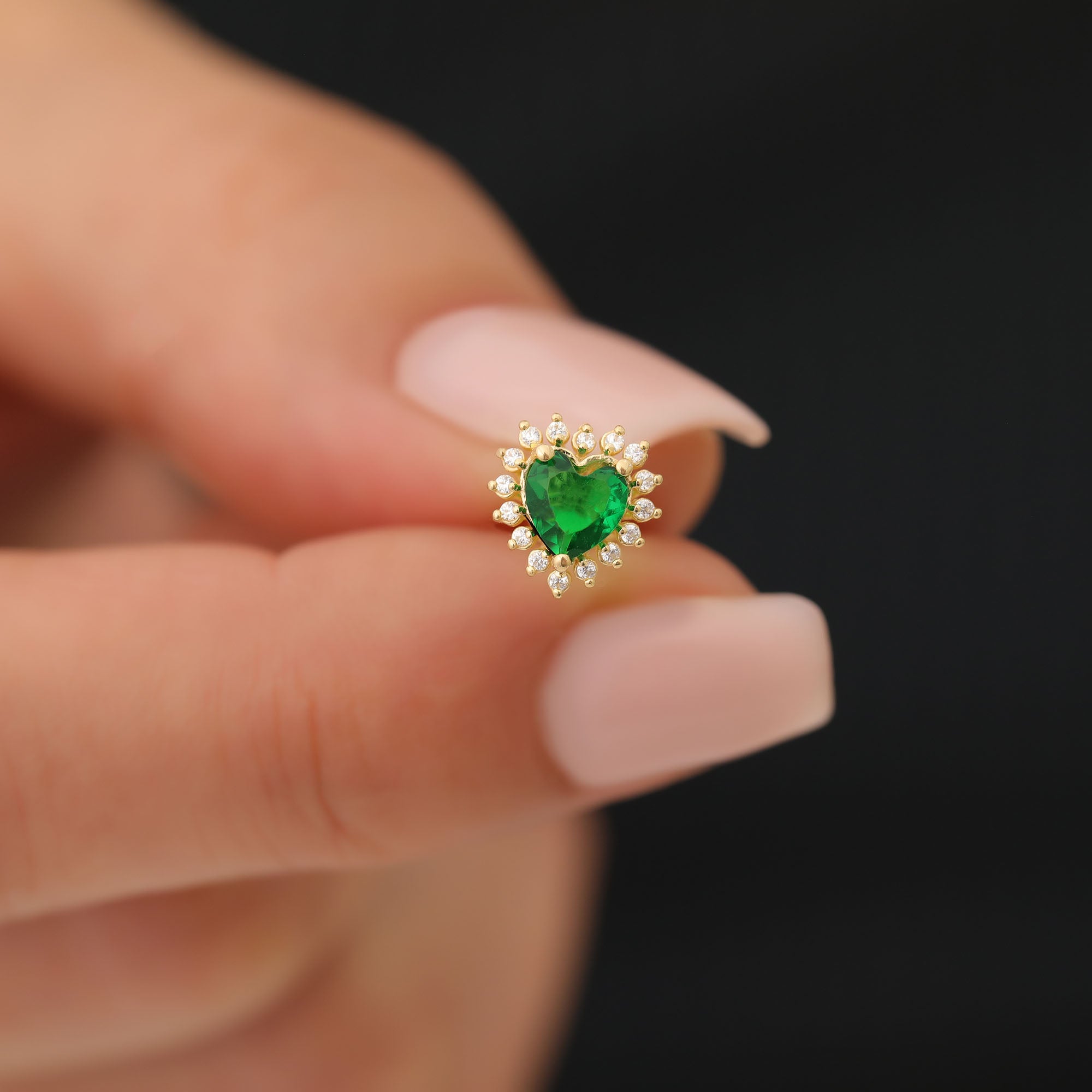 Emerald Heart Shaped Stud Earring in 14K Solid Gold surrounded by Real Diamonds, May Birthstone Jewelry Queen Jewelry Earrings