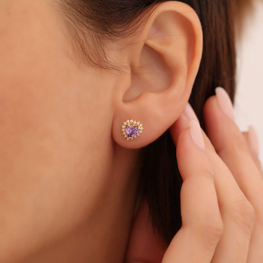 Amethyst Heart Shaped Stud Earring in 14K Solid Gold surrounded by Real Diamonds, February Birthstone Jewelry Queen Jewelry Earrings