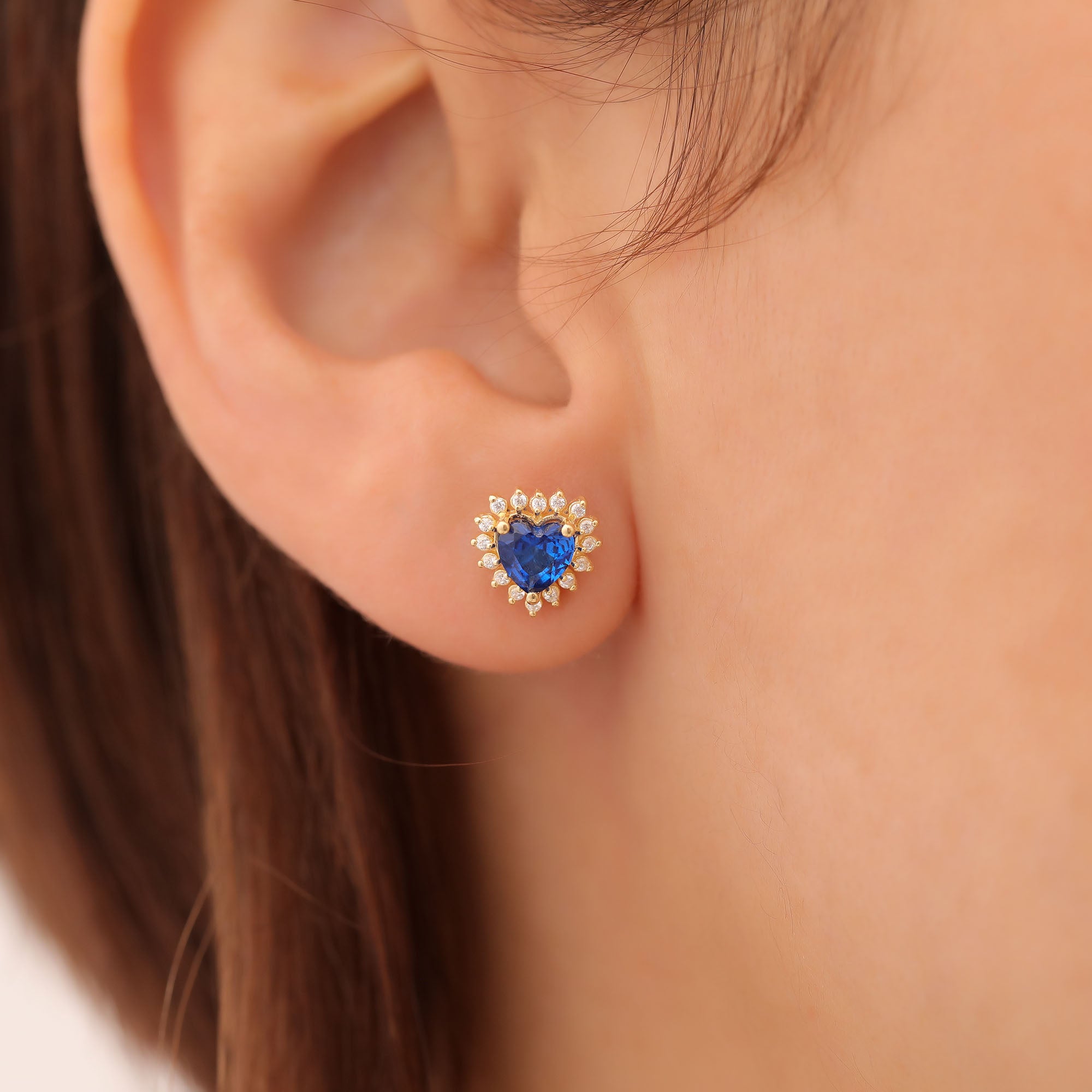 Sapphire Heart Shaped Stud Earring in 14K Solid Gold surrounded by Real Diamonds, September Birthstone Jewelry Queen Jewelry Earrings