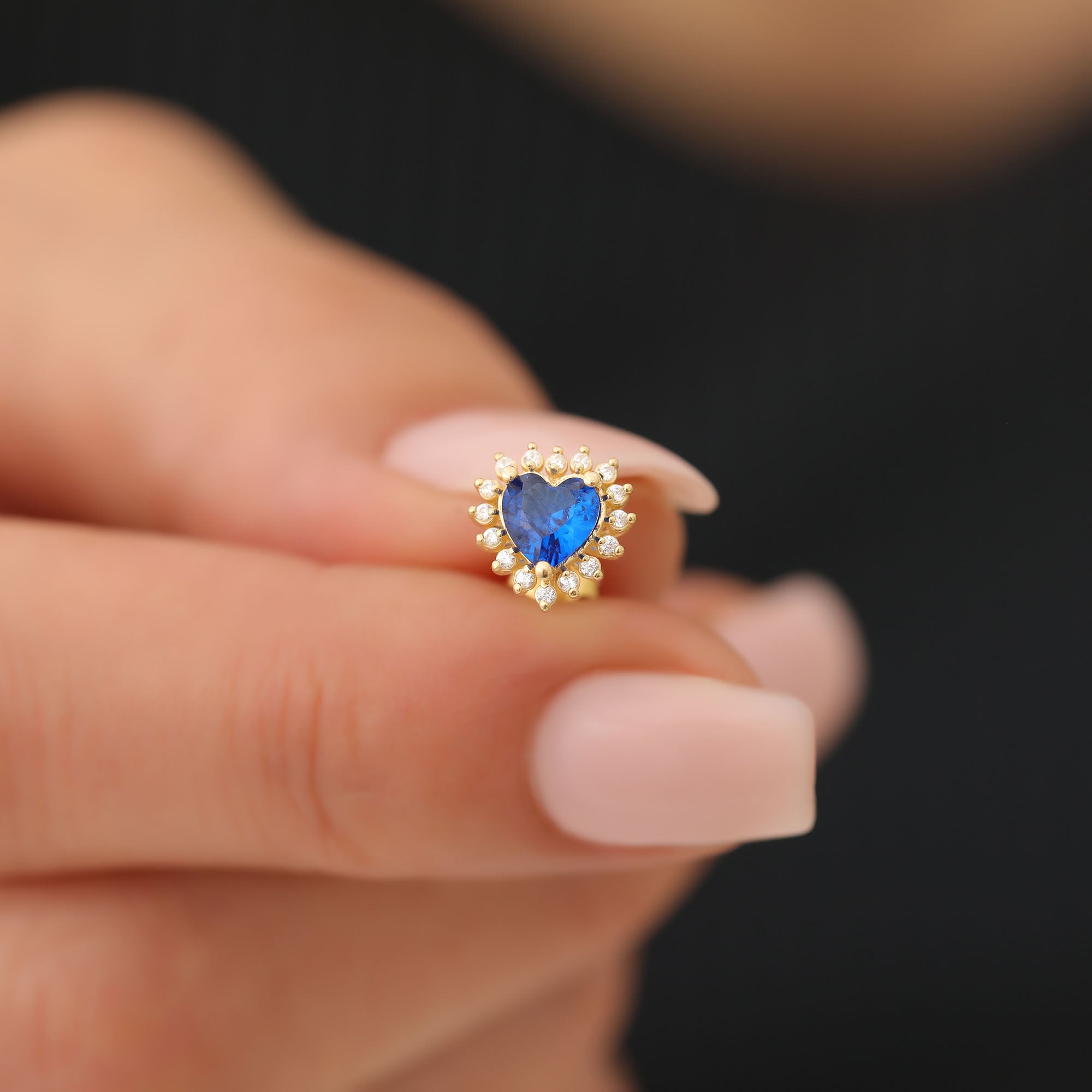 Sapphire Heart Shaped Stud Earring in 14K Solid Gold surrounded by Real Diamonds, September Birthstone Jewelry Queen Jewelry Earrings
