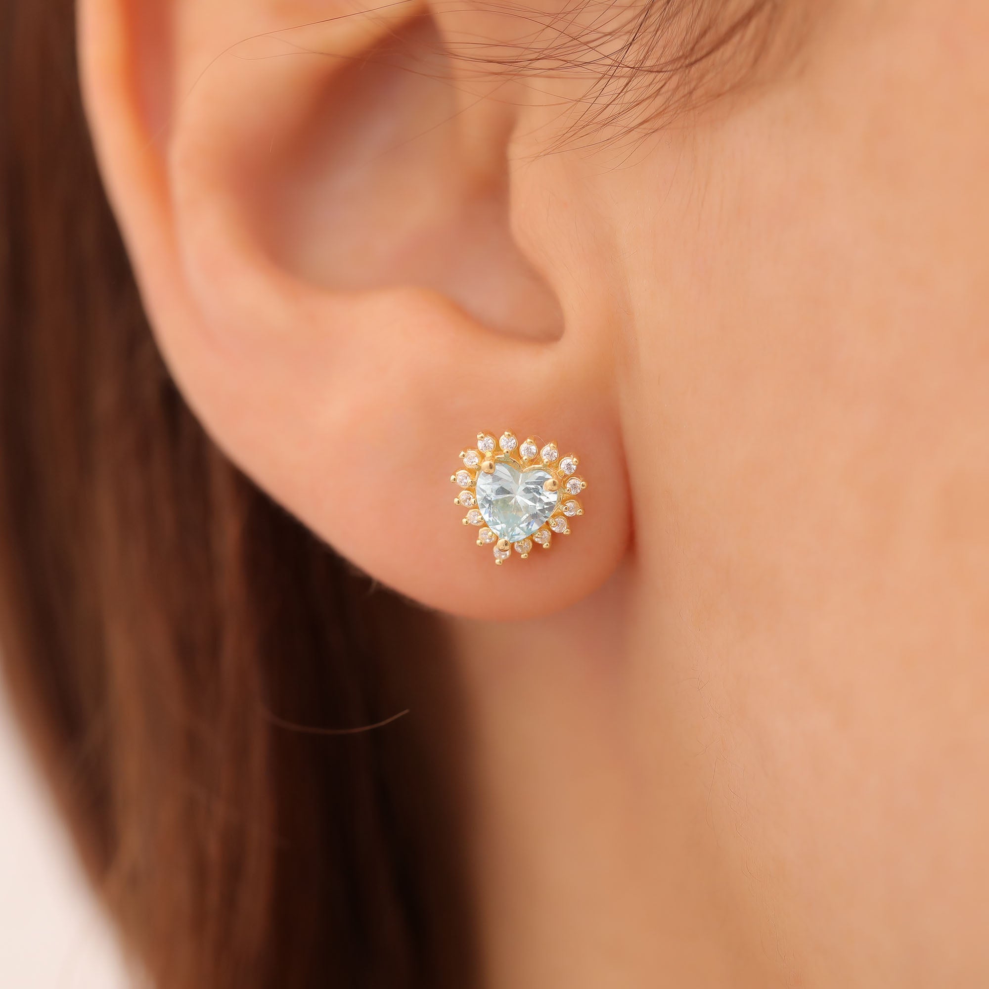 Aquamarine Heart Shaped Stud Earring in 14K Solid Gold surrounded by Real Diamonds, March Birthstone Jewelry Queen Jewelry Earrings