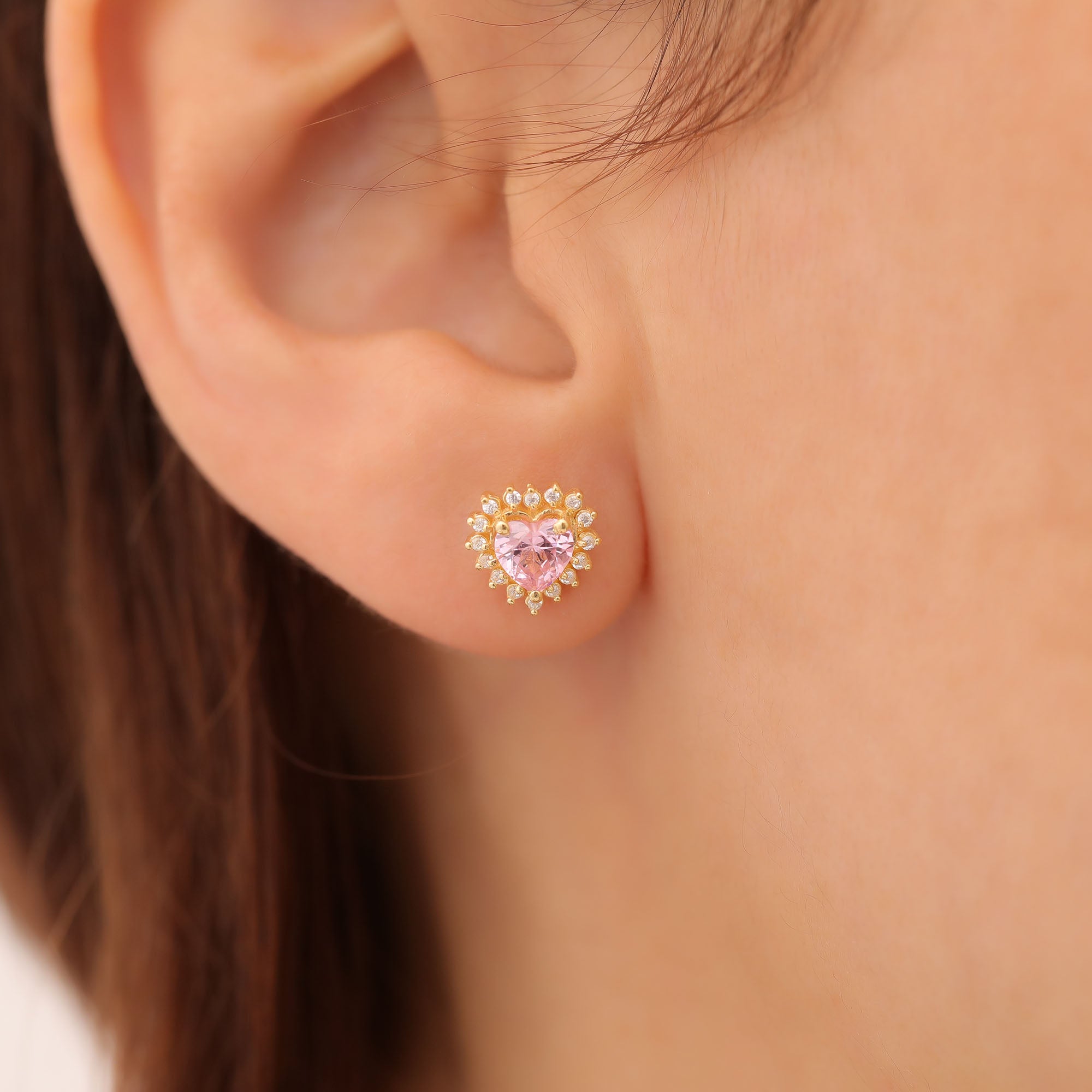 Pink Tourmaline Heart Shaped Stud Earring in 14K Solid Gold surrounded by Real Diamonds, October Birthstone Jewelry Queen Jewelry Earrings