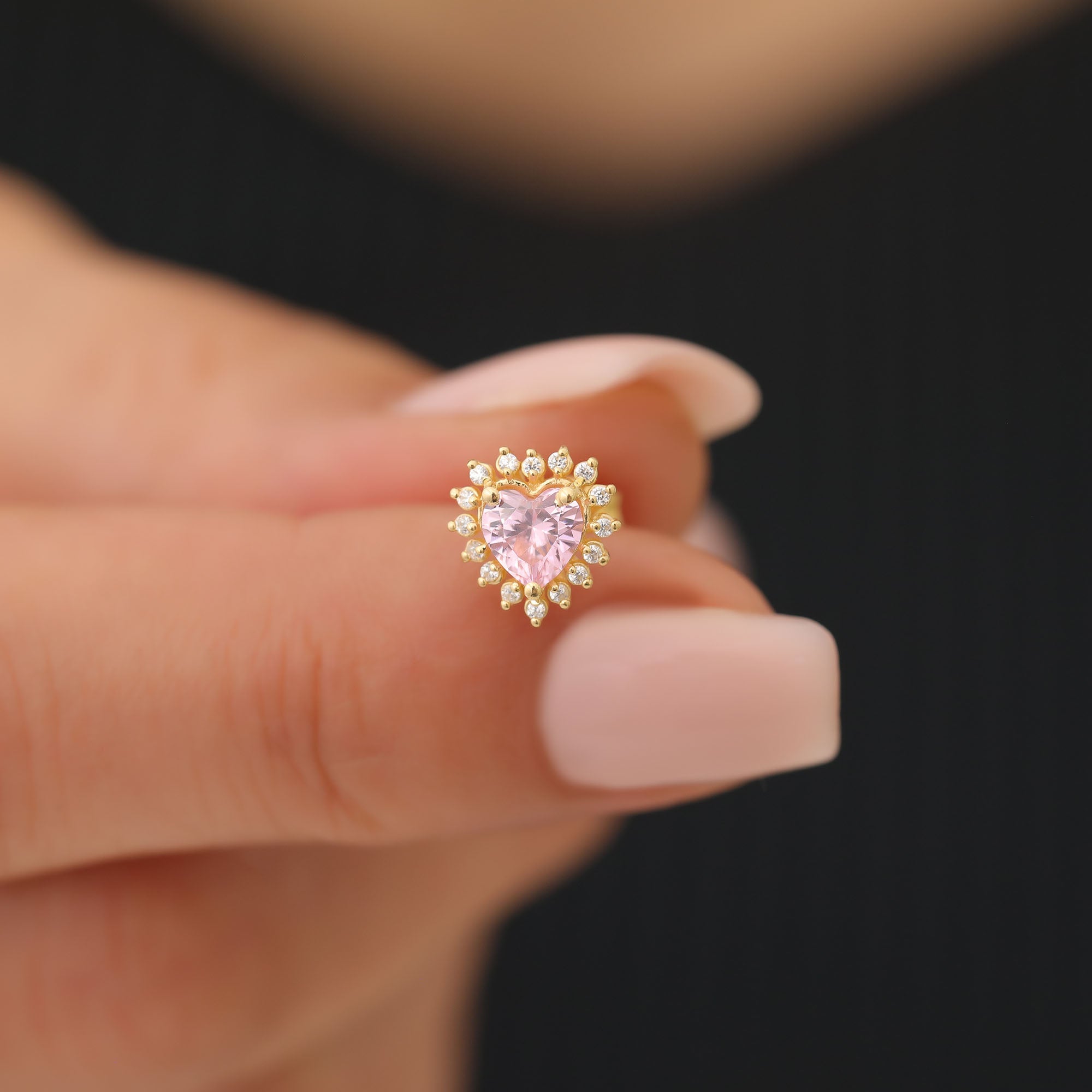 Pink Tourmaline Heart Shaped Stud Earring in 14K Solid Gold surrounded by Real Diamonds, October Birthstone Jewelry Queen Jewelry Earrings