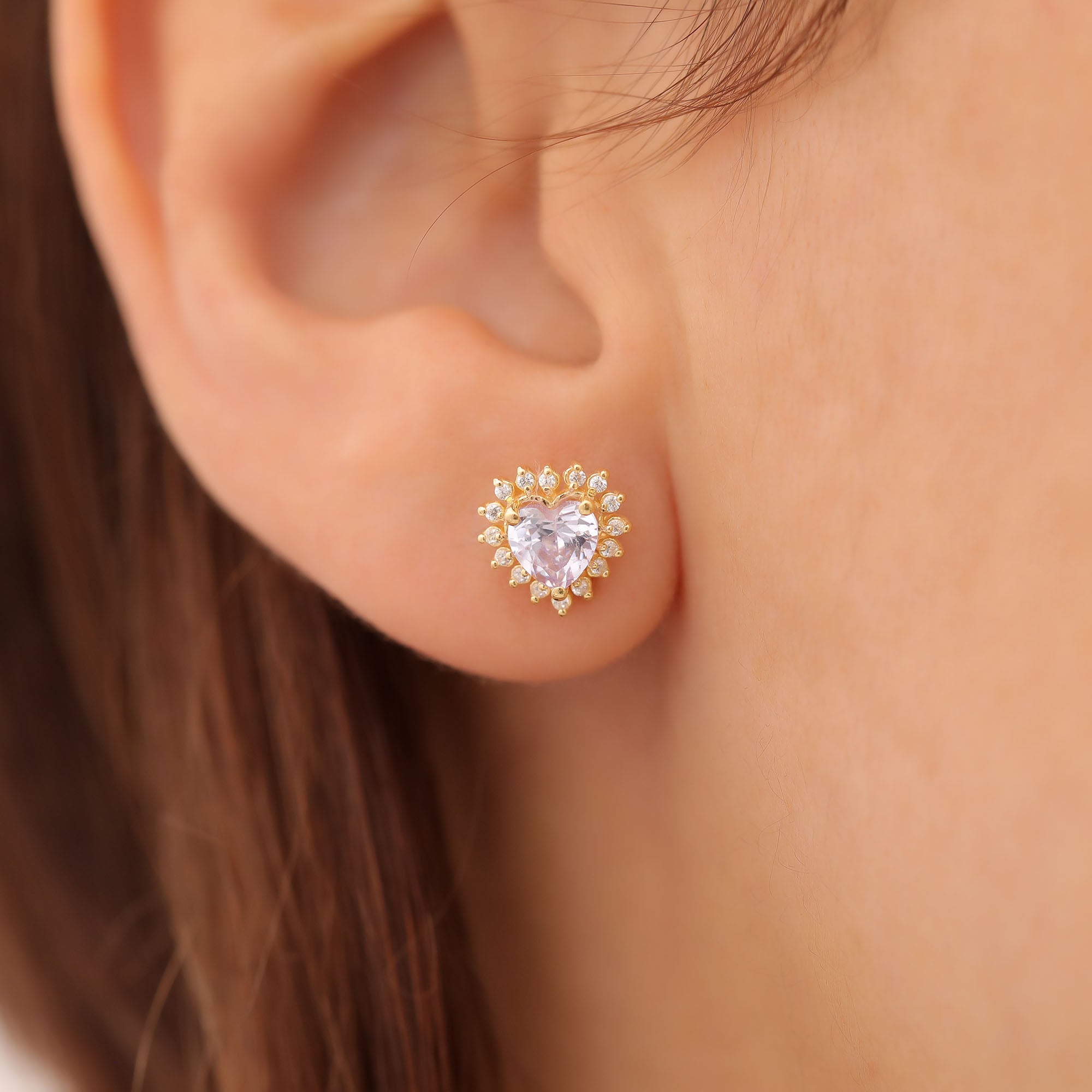Alexandrite Heart Shaped Stud Earring in 14K Solid Gold surrounded by Real Diamonds, June Birthstone Jewelry Queen Jewelry Earrings