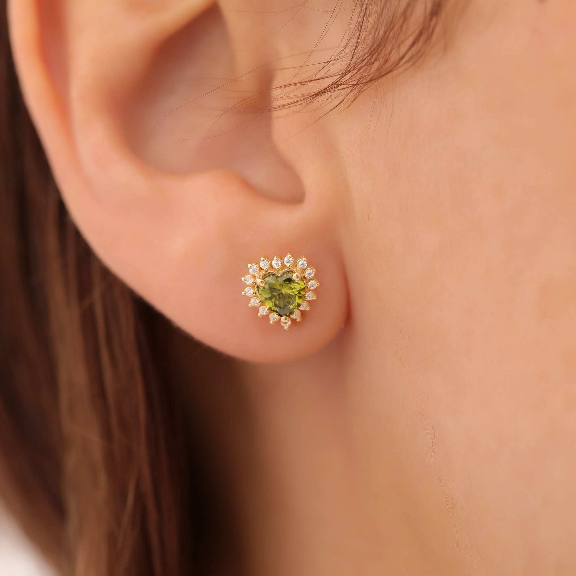 Peridot Heart Shaped Stud Earring in 14K Solid Gold surrounded by Real Diamonds, August Birthstone Jewelry Queen Jewelry Earrings