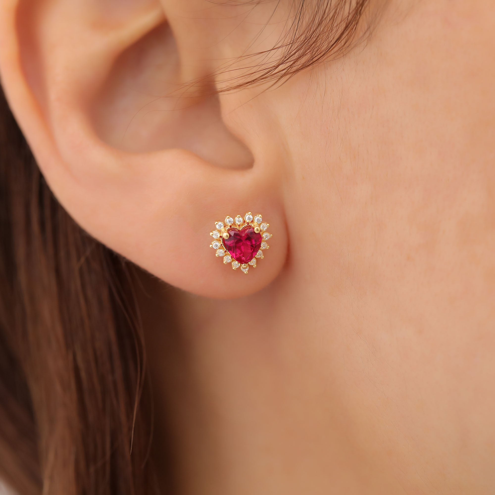 Ruby Heart Shaped Stud Earring in 14K Solid Gold surrounded by Real Diamonds, July Birthstone Jewelry Queen Jewelry Earrings