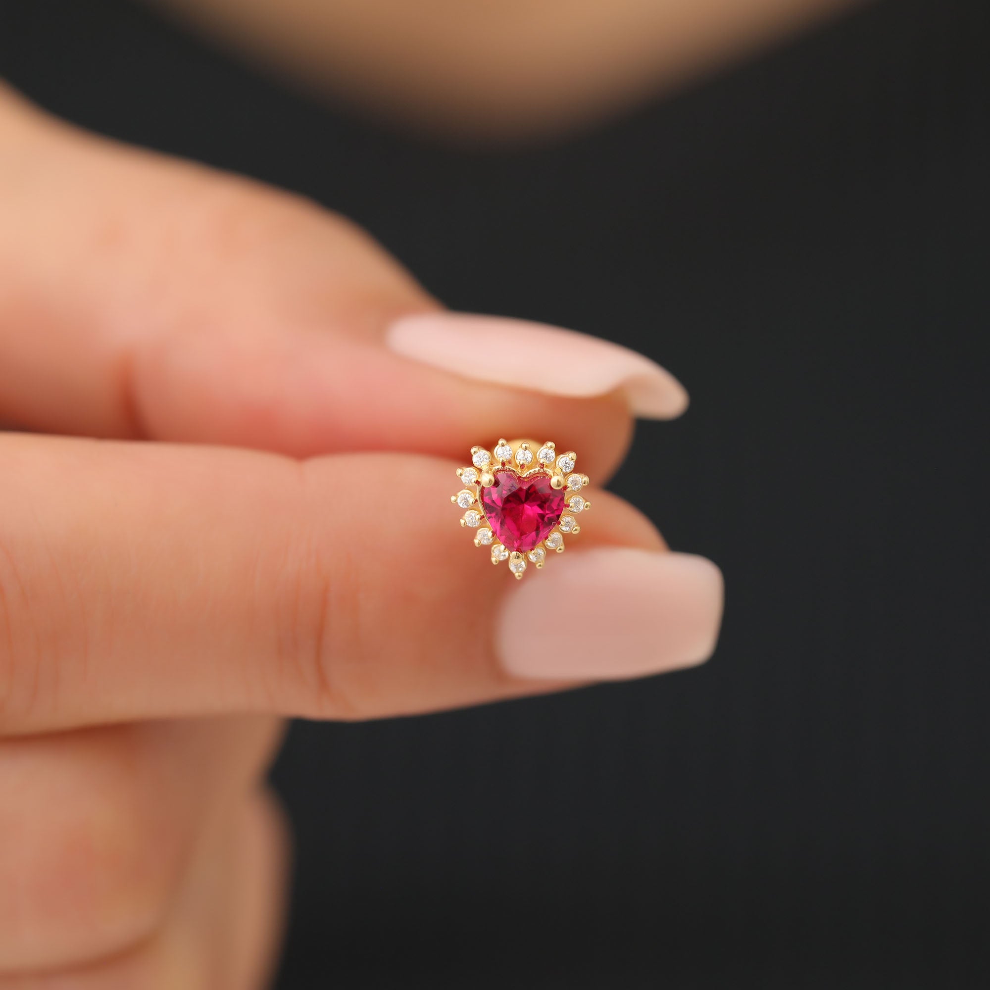 Ruby Heart Shaped Stud Earring in 14K Solid Gold surrounded by Real Diamonds, July Birthstone Jewelry Queen Jewelry Earrings