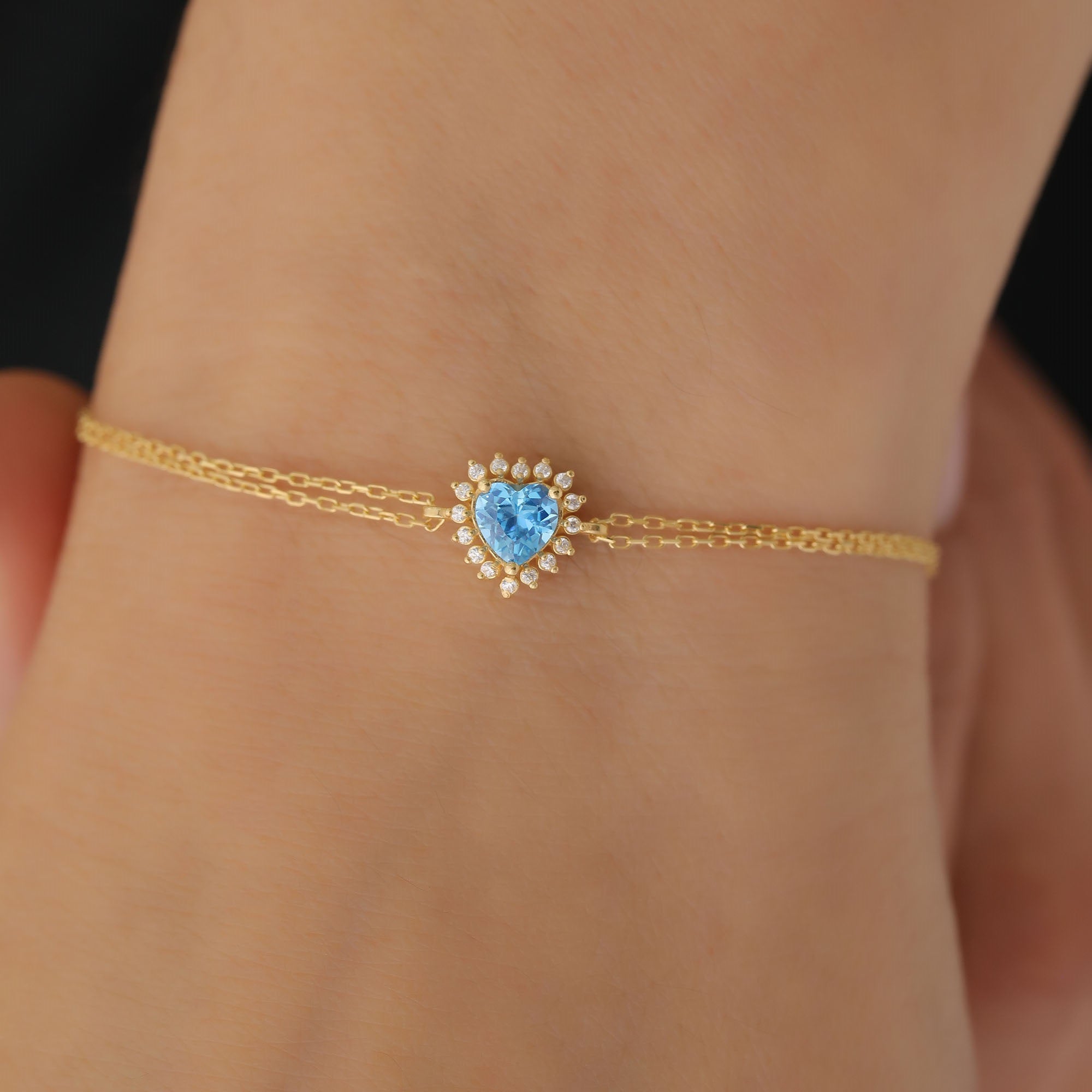 Blue Topaz Heart Bracelet by 16 Real Diamonds in 14K Solid Gold, December Birthstone Jewelry Queen Jewelry Bracelet
