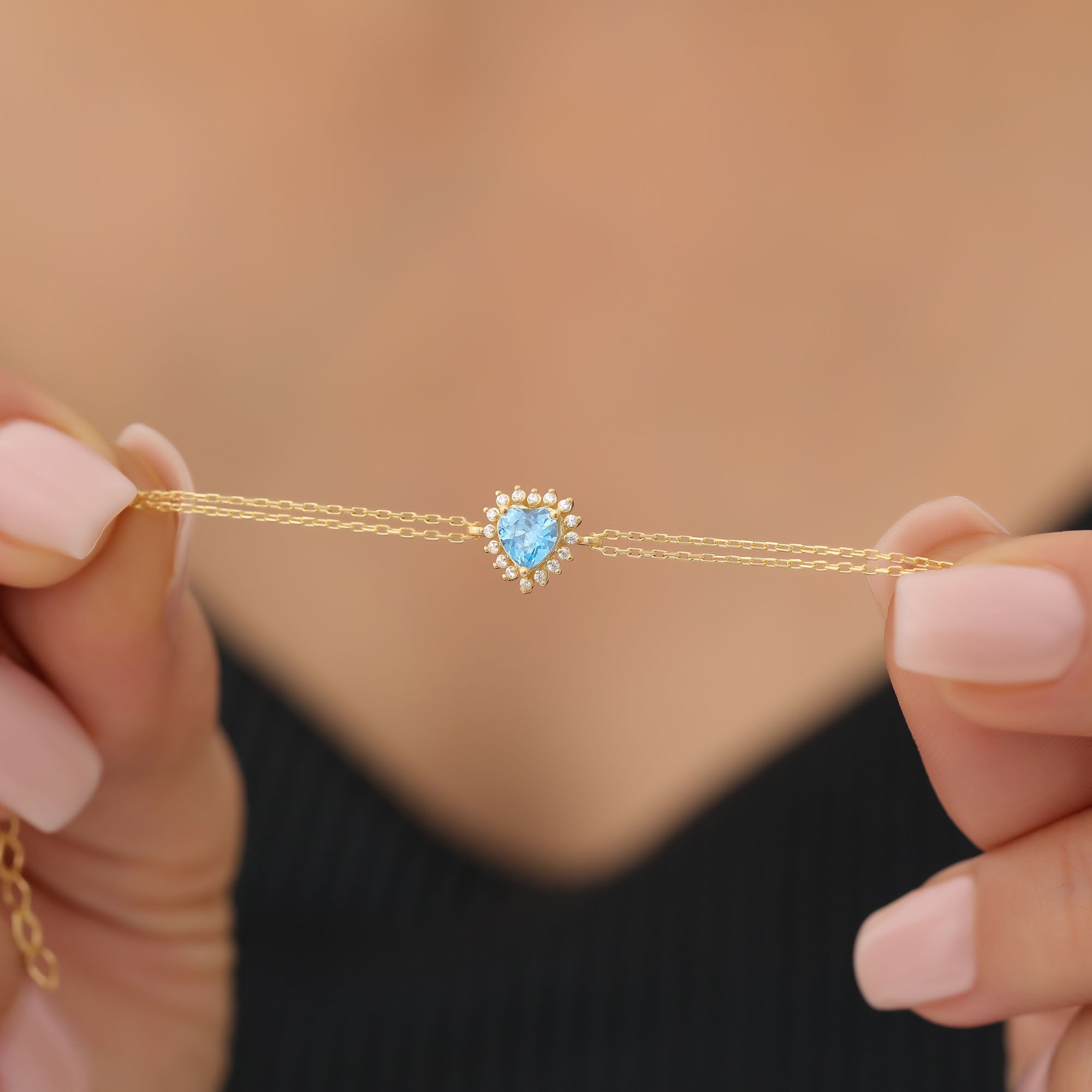 Blue Topaz Heart Bracelet by 16 Real Diamonds in 14K Solid Gold, December Birthstone Jewelry Queen Jewelry Bracelet