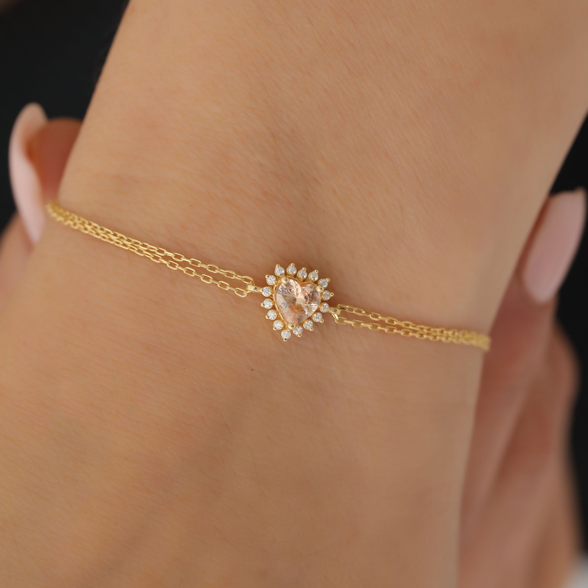 Citrine Heart Bracelet by 16 Real Diamonds in 14K Solid Gold, November Birthstone Jewelry Queen Jewelry Bracelet