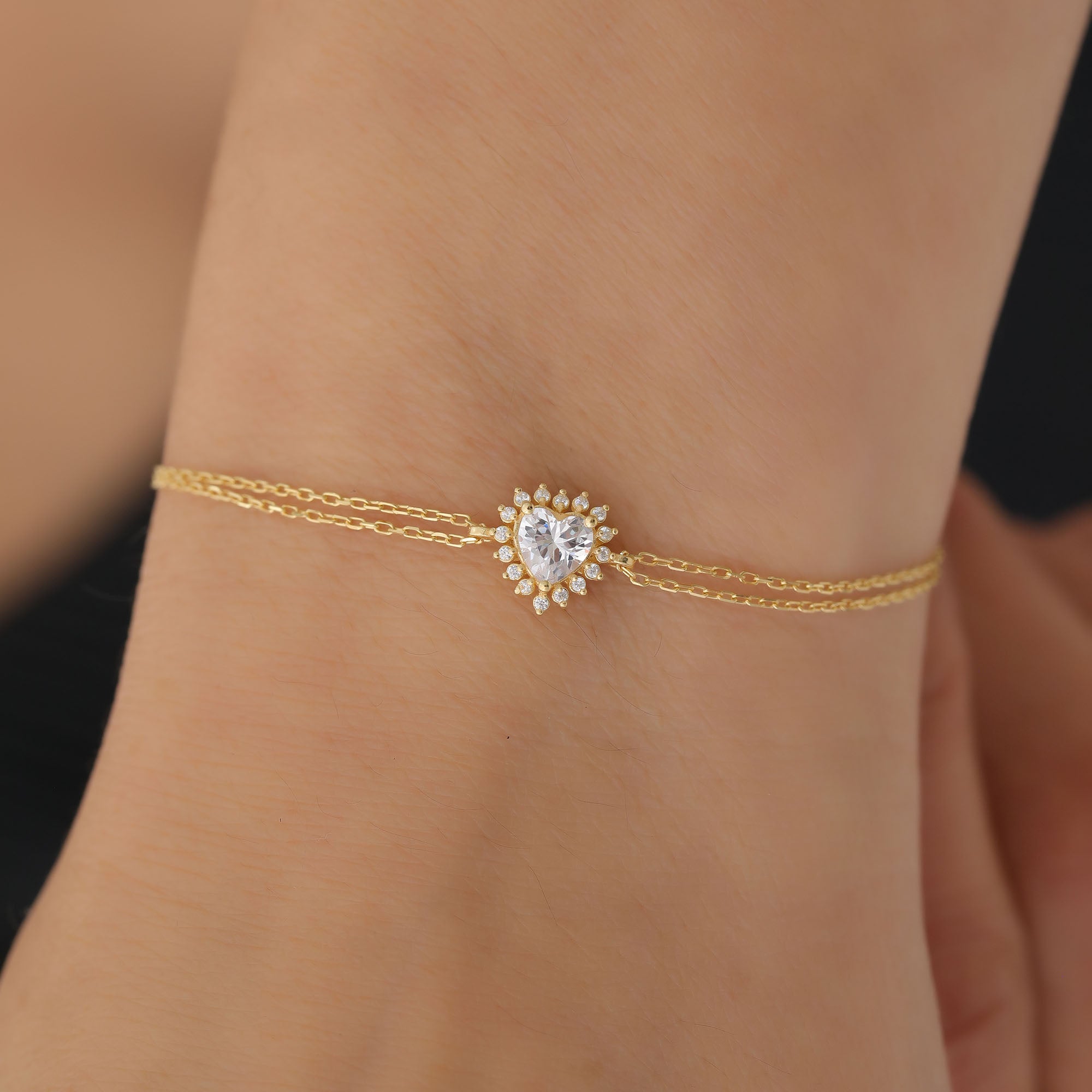 White Topaz Heart Bracelet by 16 Real Diamonds in 14K Solid Gold, April Birthstone Jewelry Queen Jewelry Bracelet