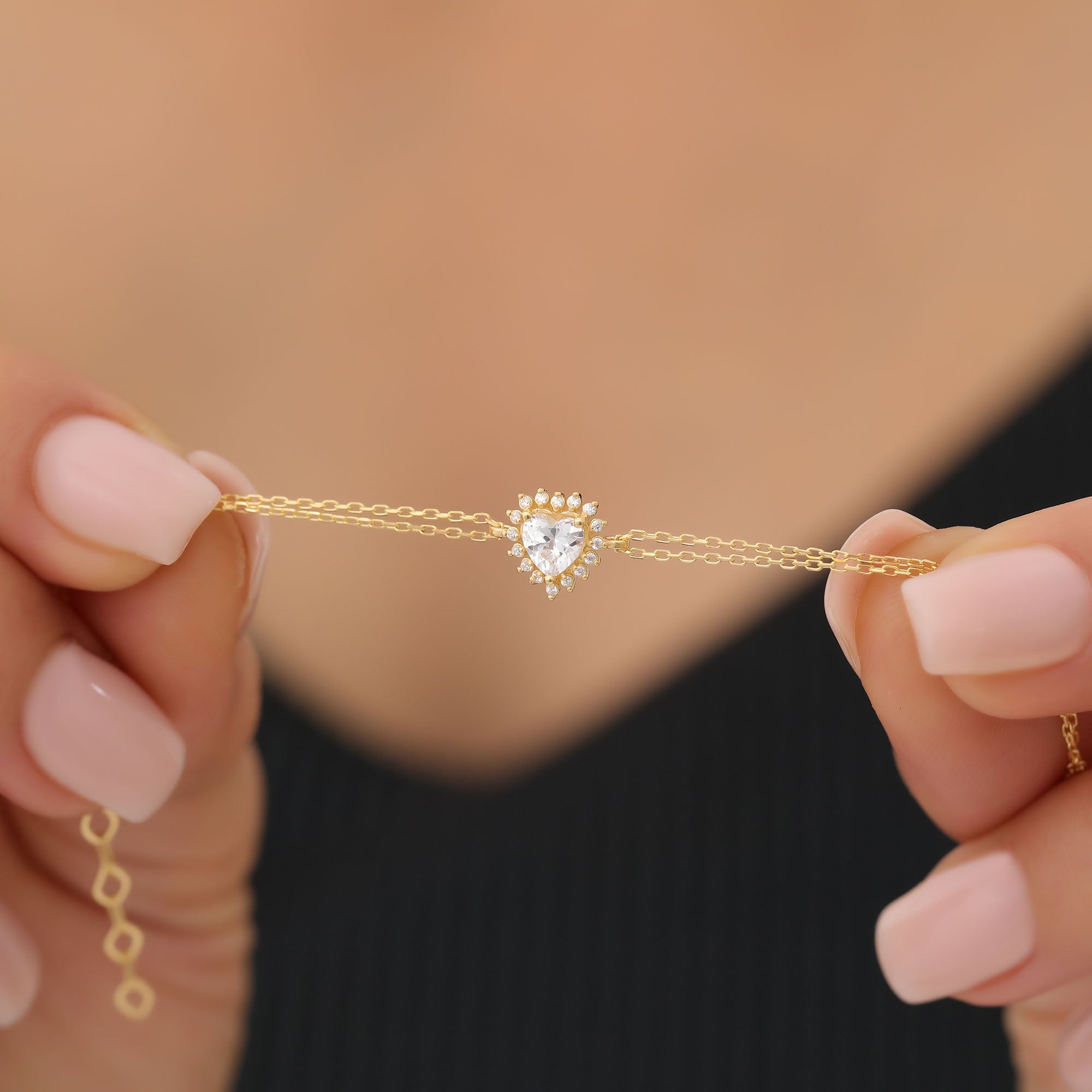 White Topaz Heart Bracelet by 16 Real Diamonds in 14K Solid Gold, April Birthstone Jewelry Queen Jewelry Bracelet