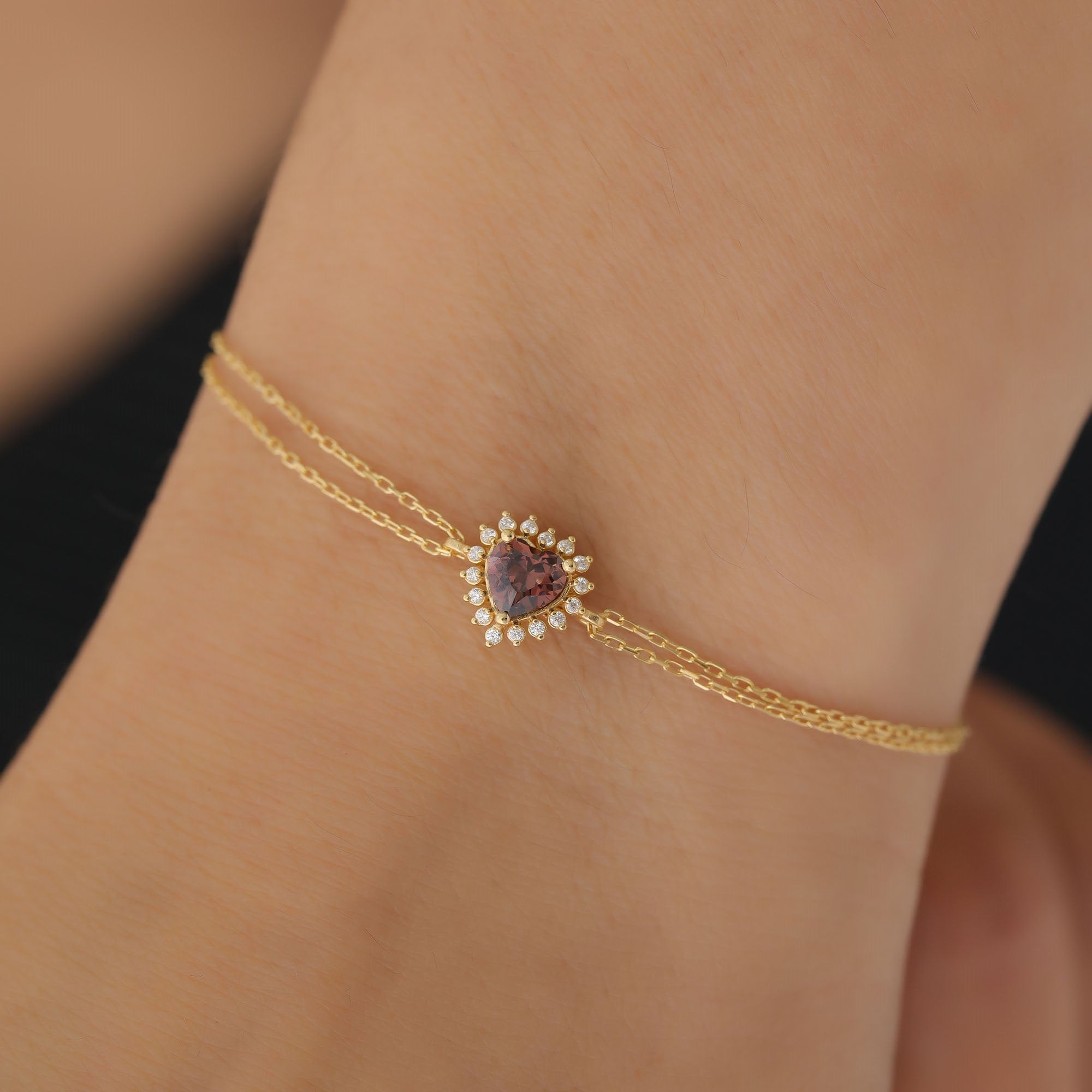 Smoky Quartz Heart Bracelet by 16 Real Diamonds in 14K Solid Gold, Birthstone Jewelry Queen Jewelry Bracelet