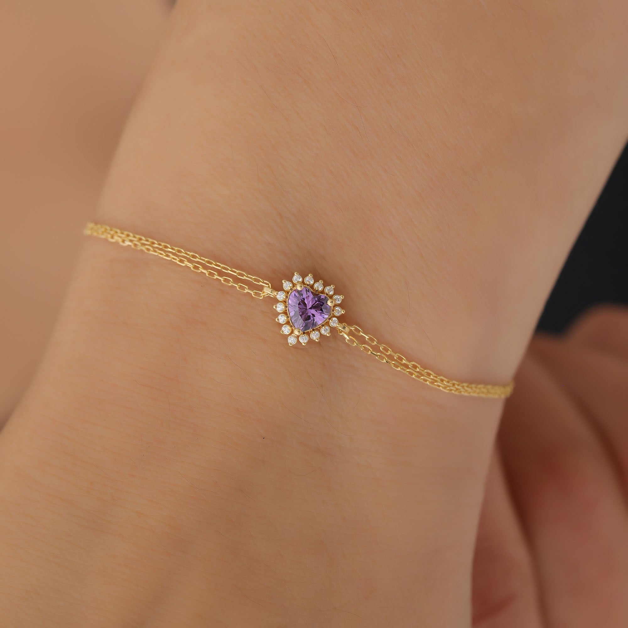 Amethyst Heart Bracelet by 16 Real Diamonds in 14K Solid Gold, February Birthstone Jewelry Queen Jewelry Bracelet