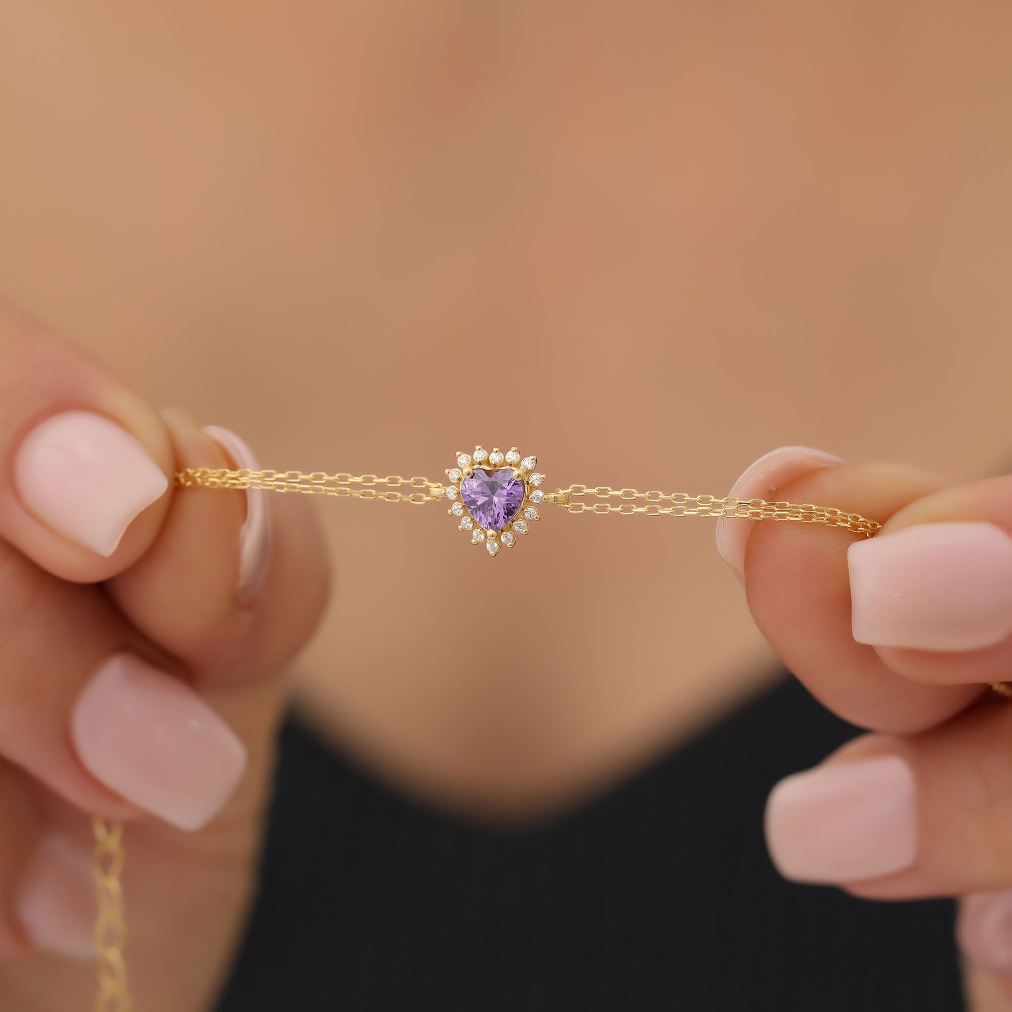 Amethyst Heart Bracelet by 16 Real Diamonds in 14K Solid Gold, February Birthstone Jewelry Queen Jewelry Bracelet