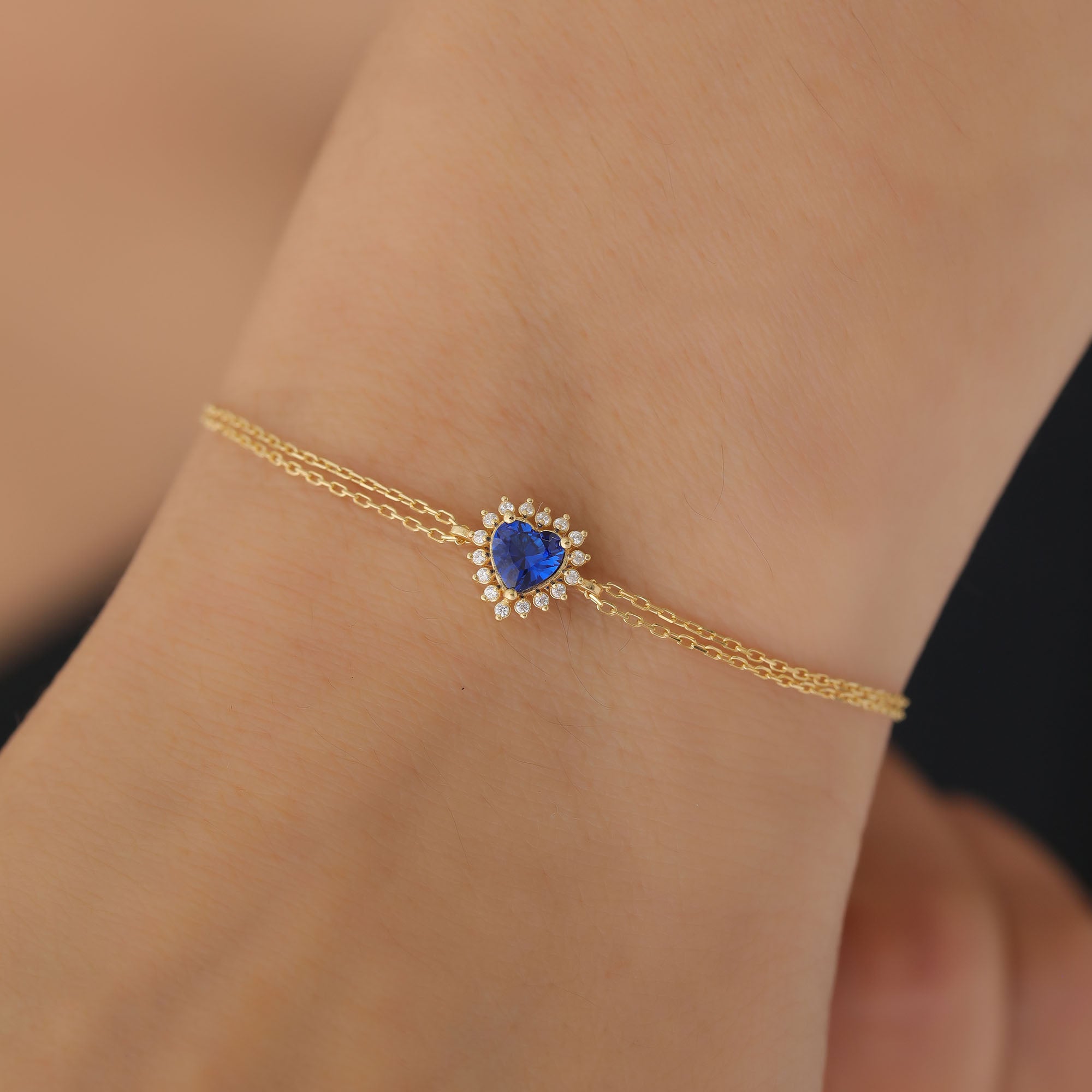 Sapphire Heart Bracelet by 16 Real Diamonds in 14K Solid Gold, September Birthstone Jewelry Queen Jewelry Bracelet