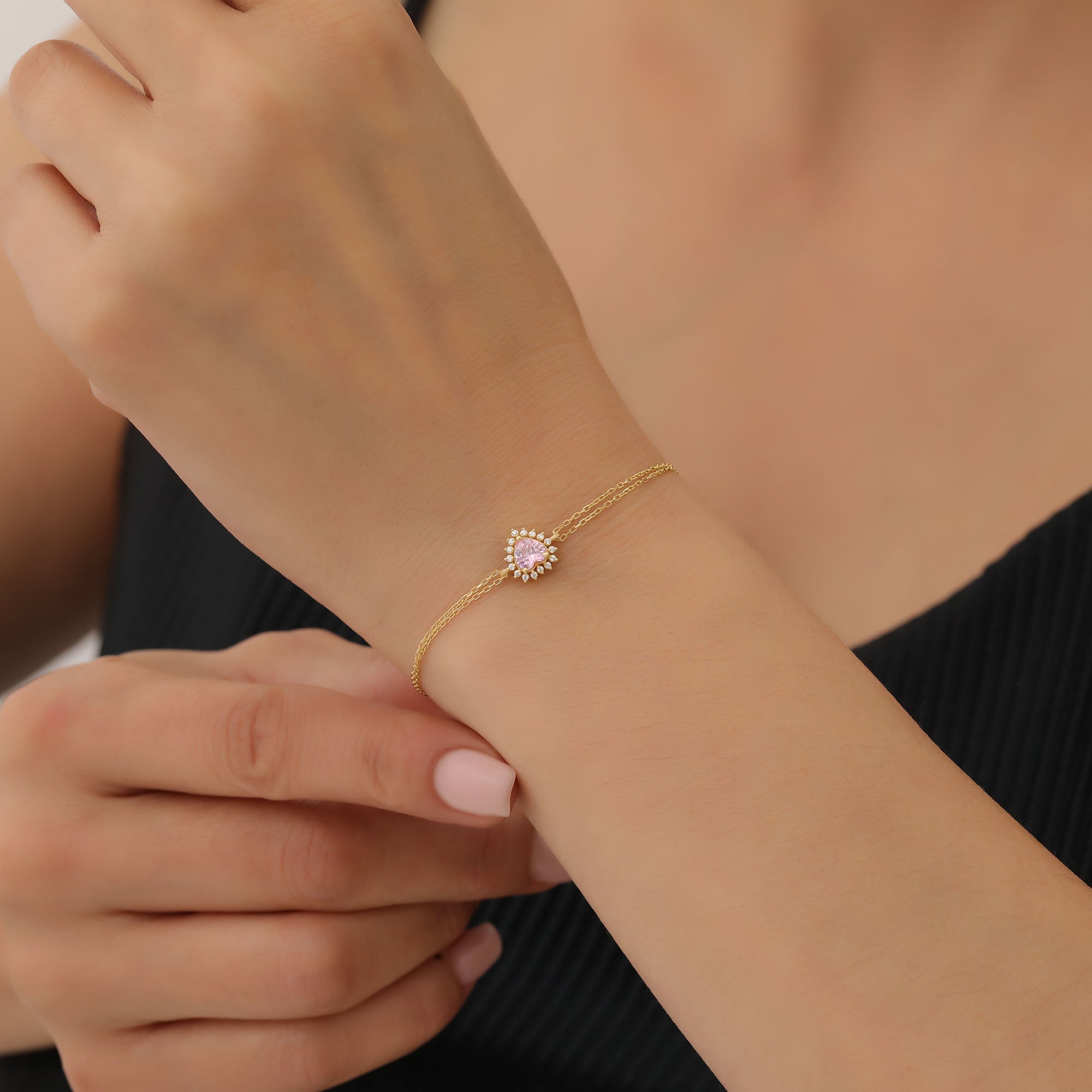 Pink Tourmaline Heart Bracelet by 16 Real Diamonds in 14K Solid Gold, October Birthstone Jewelry Queen Jewelry Bracelet