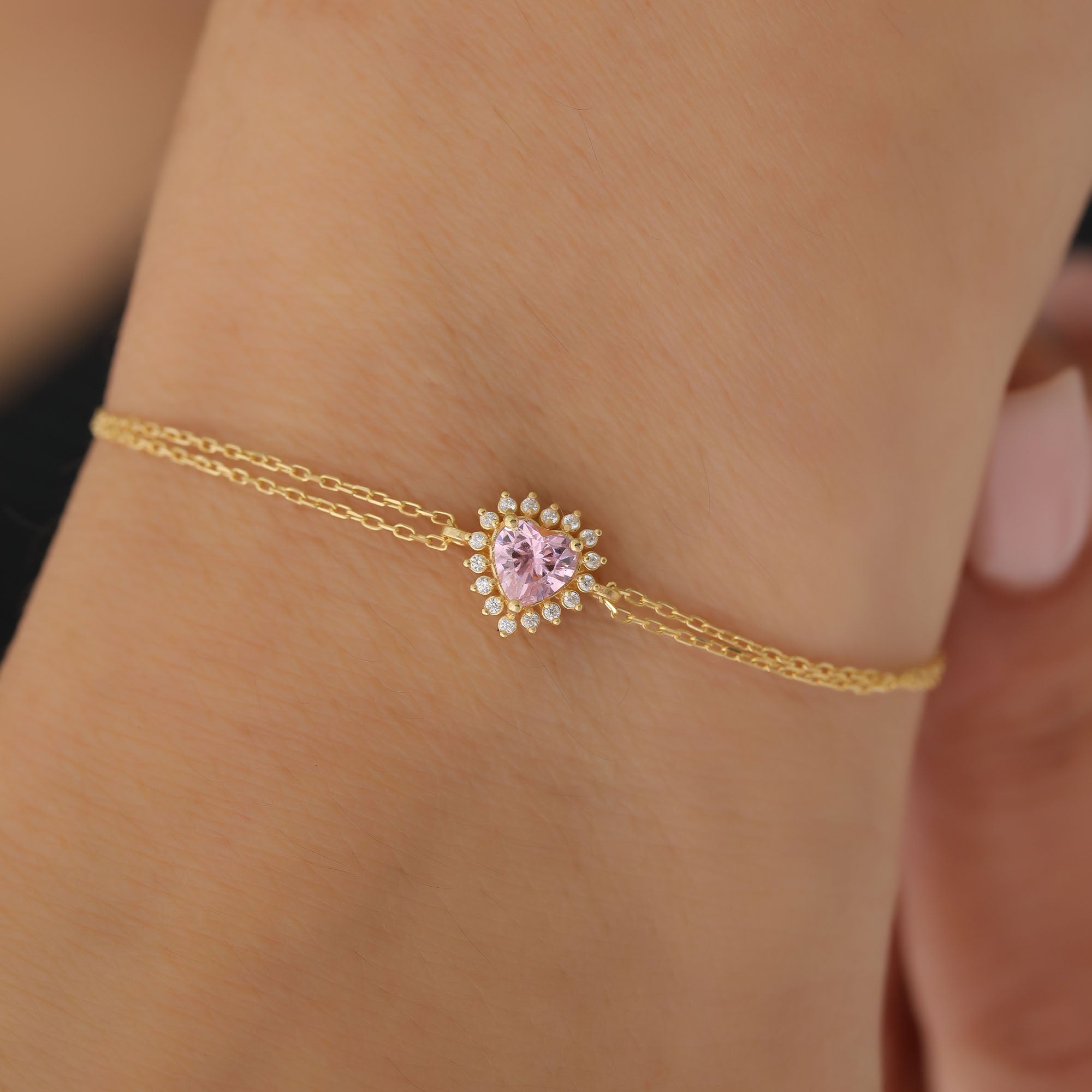 Pink Tourmaline Heart Bracelet by 16 Real Diamonds in 14K Solid Gold, October Birthstone Jewelry Queen Jewelry Bracelet