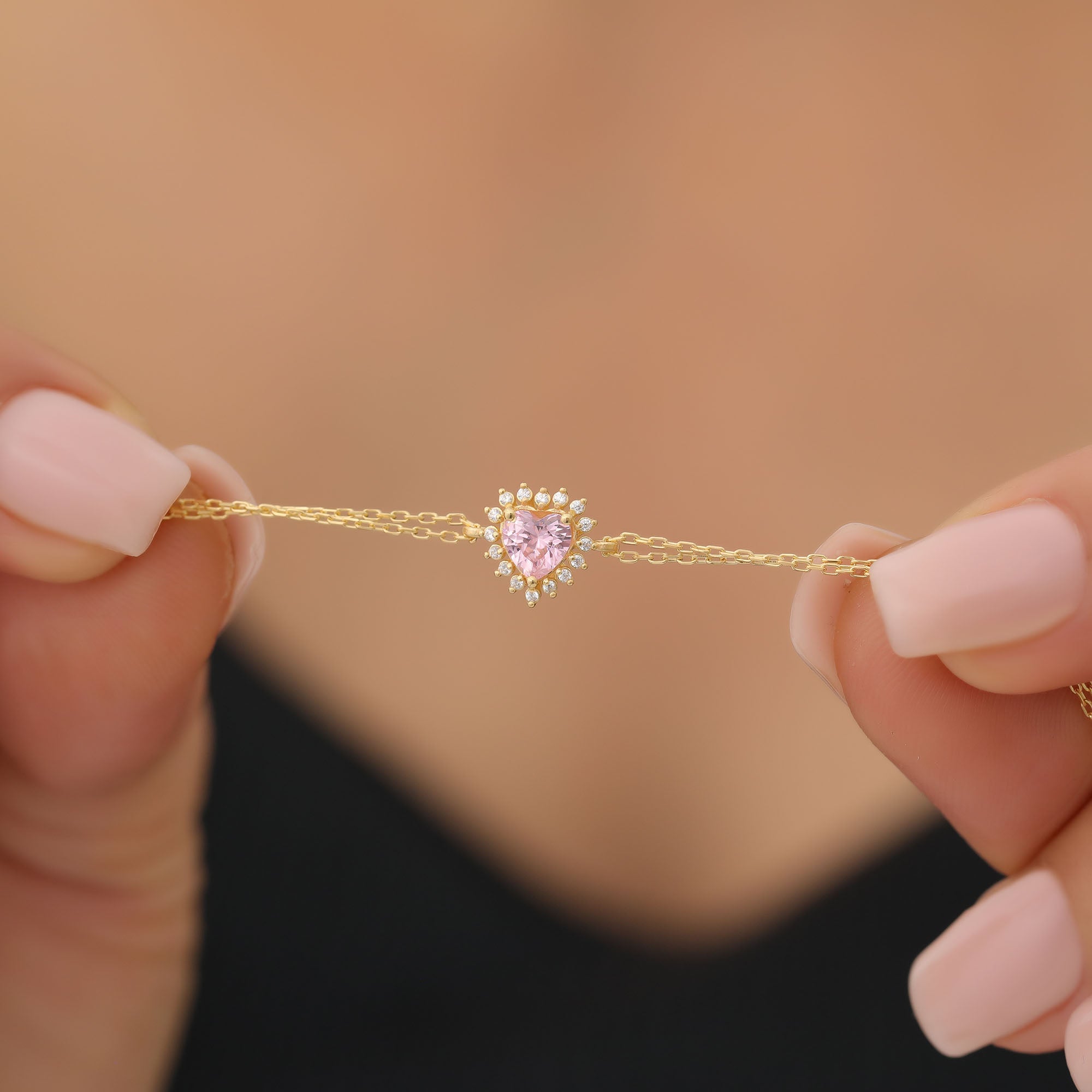 Pink Tourmaline Heart Bracelet by 16 Real Diamonds in 14K Solid Gold, October Birthstone Jewelry Queen Jewelry Bracelet