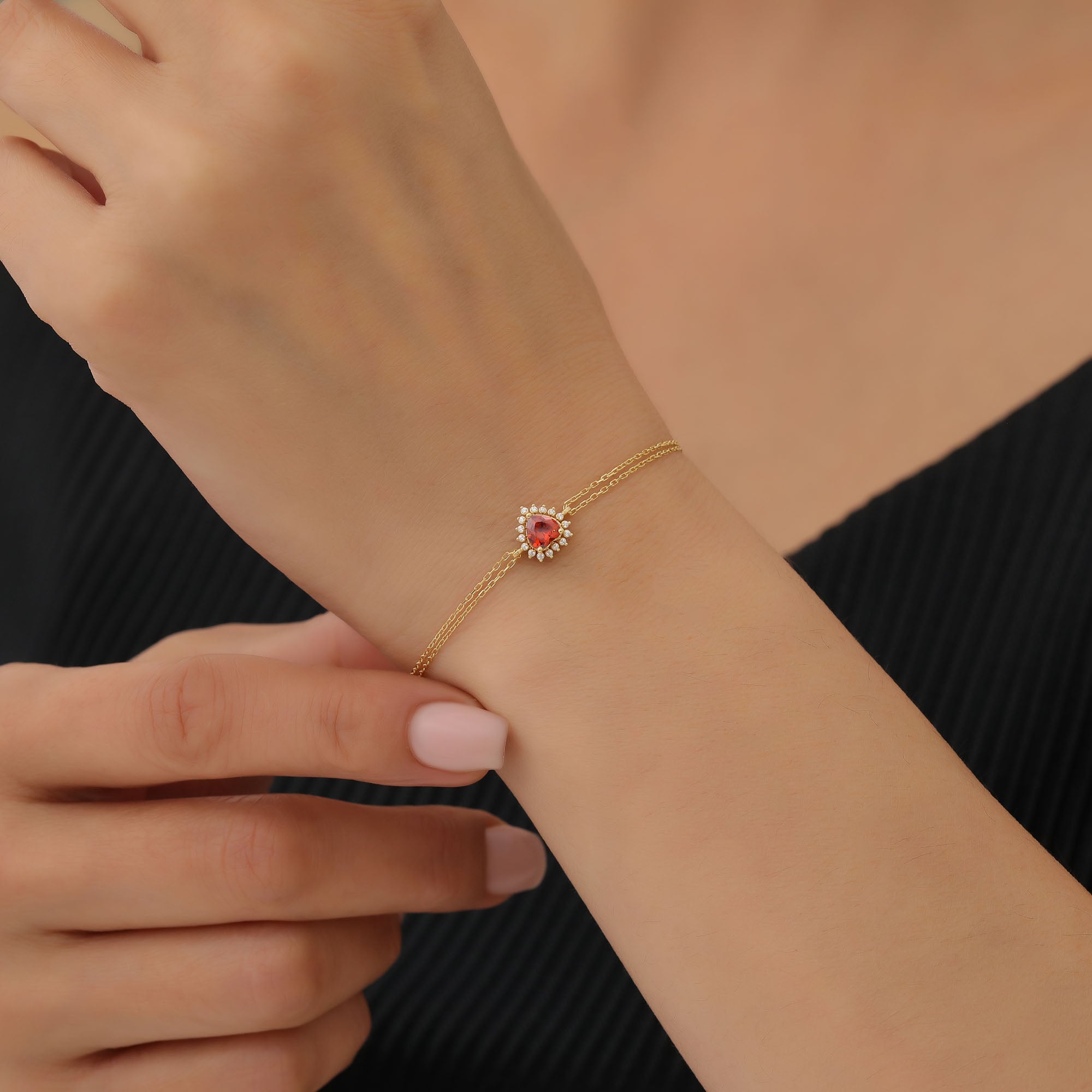 Garnet Heart Bracelet by 16 Real Diamonds in 14K Solid Gold, January Birthstone Jewelry Queen Jewelry Bracelet