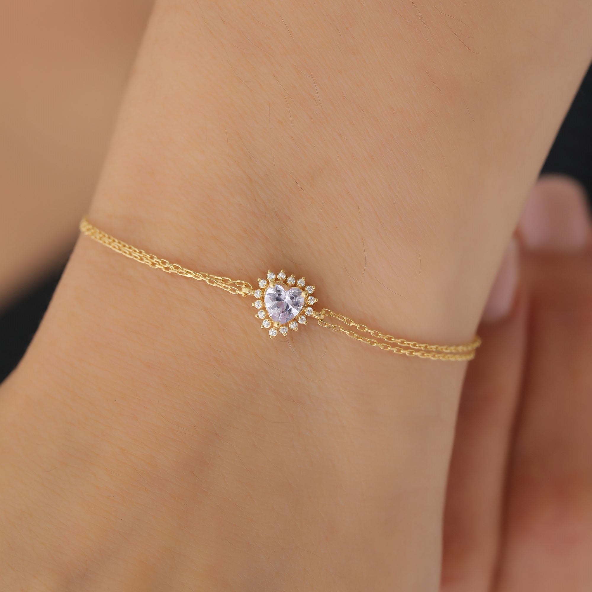 Alexandrite Heart Bracelet by 16 Real Diamonds in 14K Solid Gold, June Birthstone Jewelry Queen Jewelry Bracelet