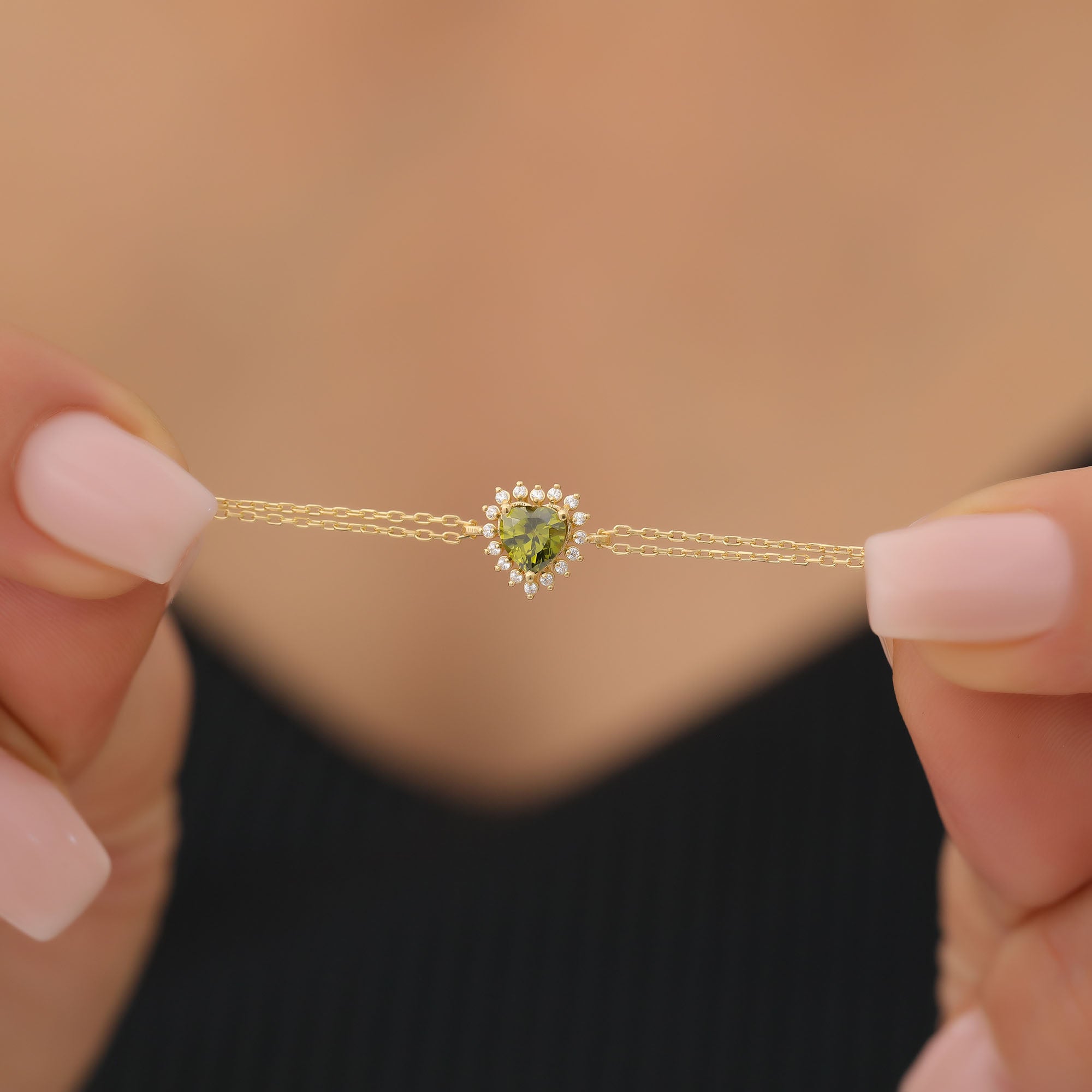 Peridot Heart Bracelet by 16 Real Diamonds in 14K Solid Gold, August Birthstone Jewelry Queen Jewelry Bracelet