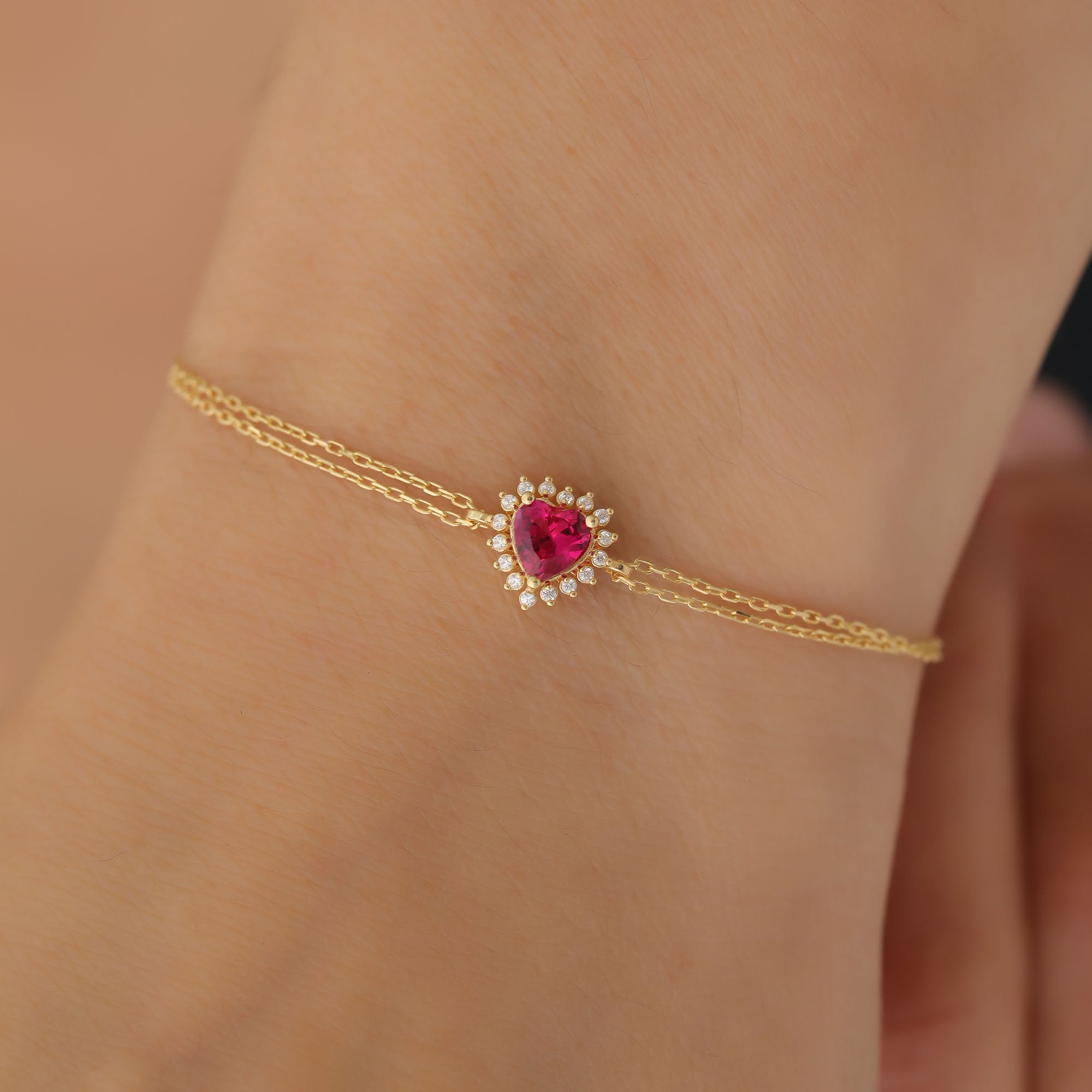 Ruby Heart Bracelet by 16 Real Diamonds in 14K Solid Gold, July Birthstone Jewelry Queen Jewelry Bracelet