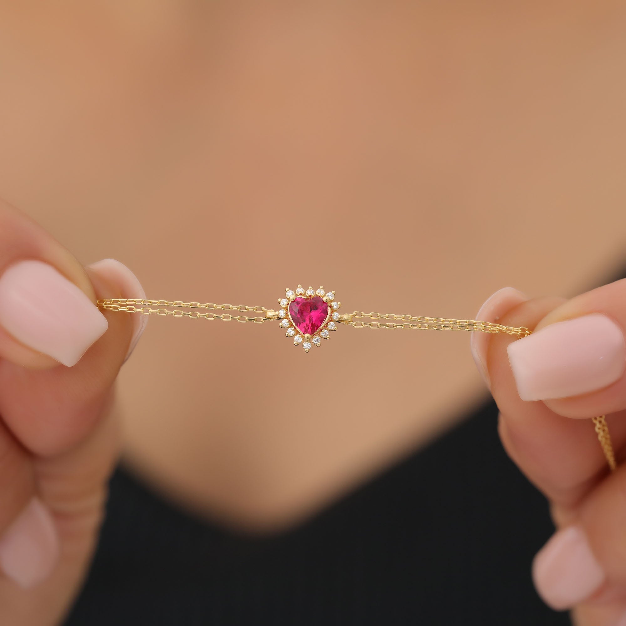 Ruby Heart Bracelet by 16 Real Diamonds in 14K Solid Gold, July Birthstone Jewelry Queen Jewelry Bracelet