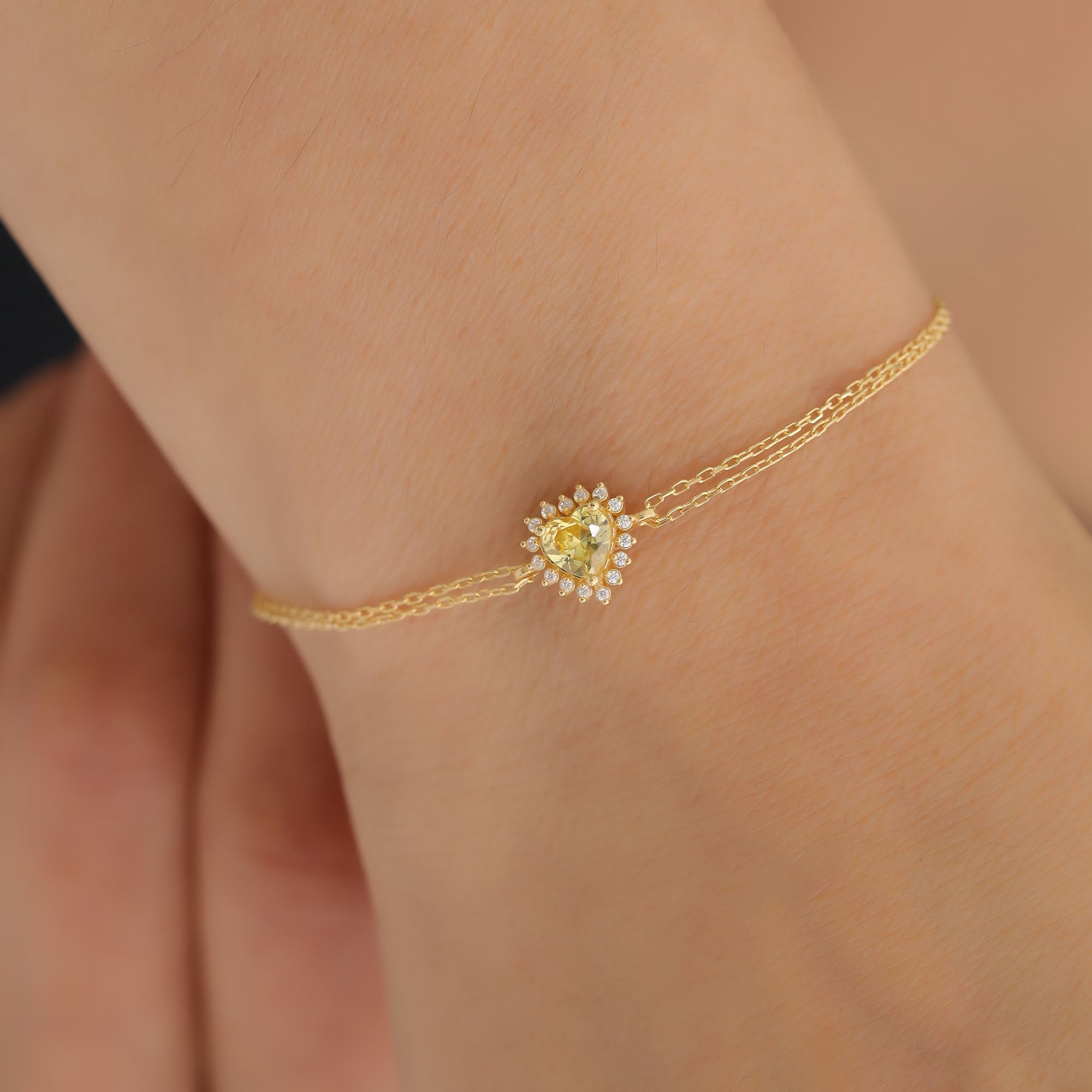 Yellow Topaz Heart Bracelet by 16 Real Diamonds in 14K Solid Gold, Birthstone Jewelry Queen Jewelry Bracelet