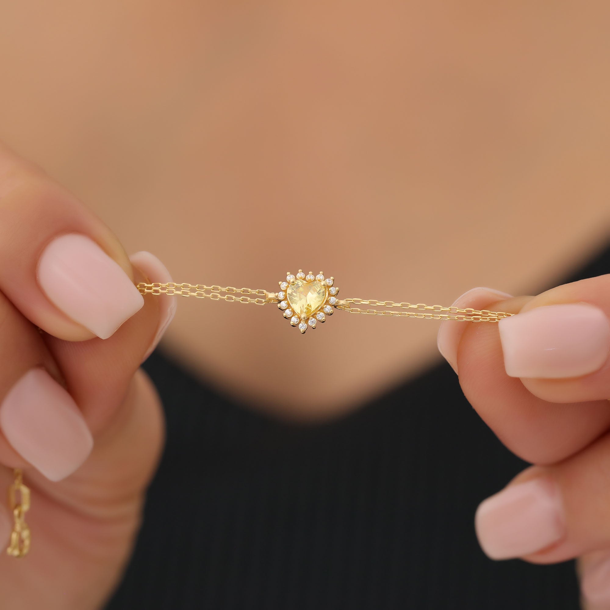 Yellow Topaz Heart Bracelet by 16 Real Diamonds in 14K Solid Gold, Birthstone Jewelry Queen Jewelry Bracelet