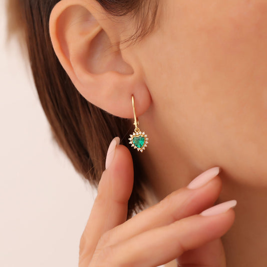 Emerald Heart Dangle Earring by Real Diamonds in 14K Solid Gold, May Birthstone Jewelry Queen Jewelry Earrings