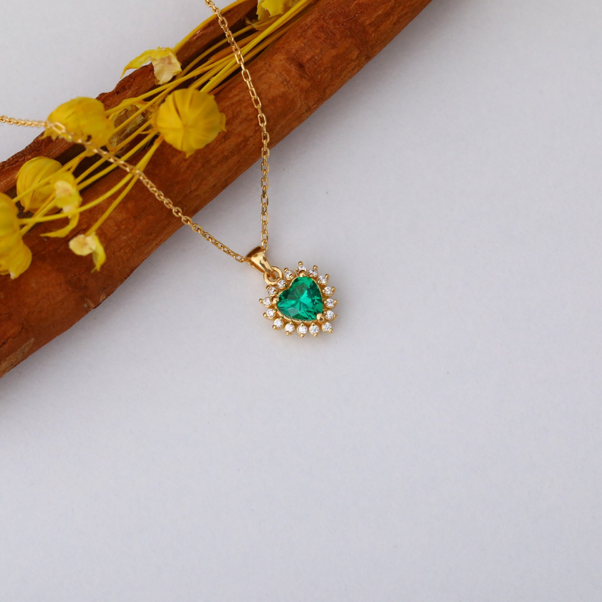 Emerald Heart Necklace Surrounded by Real Diamonds in 14K Solid Gold Pendant, May Birthstone Charms Queen Jewelry Necklace