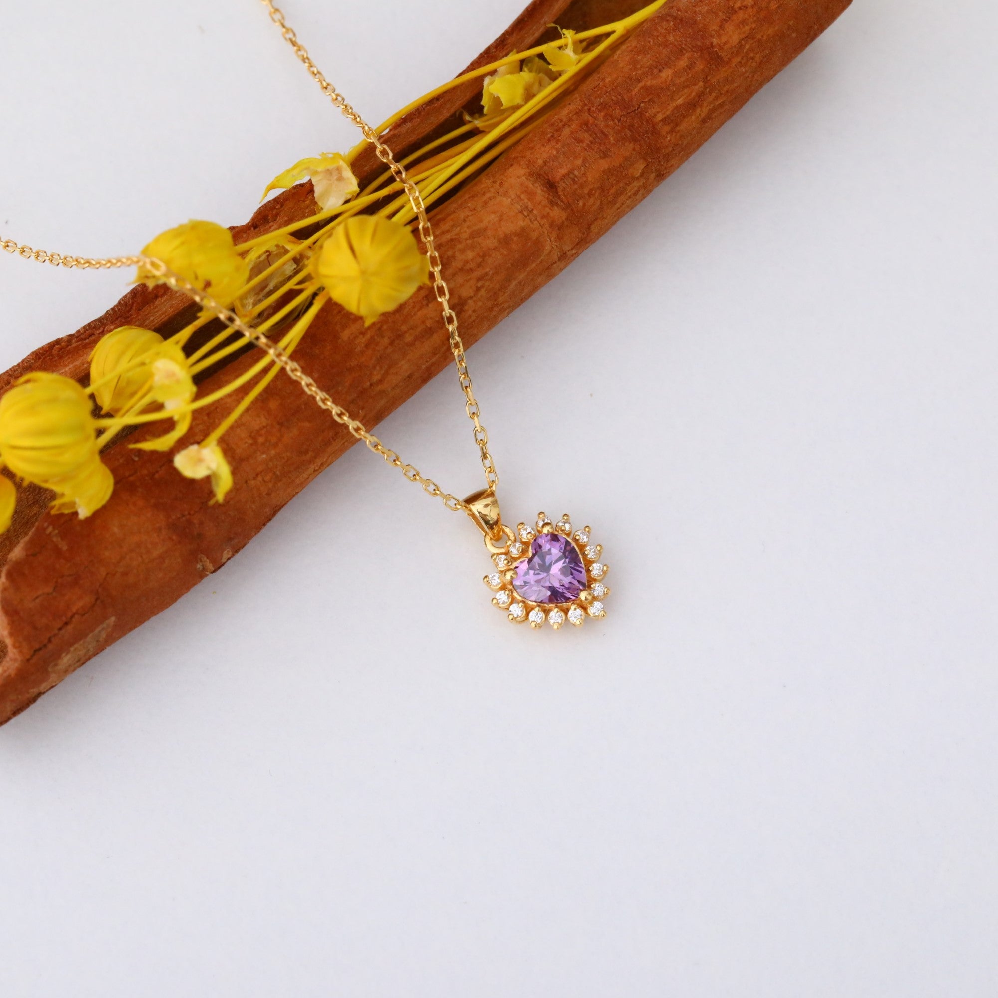 Amethyst Heart Necklace Surrounded by Real Diamonds in 14K Solid Gold Pendant, February Birthstone Charms Queen Jewelry Necklace