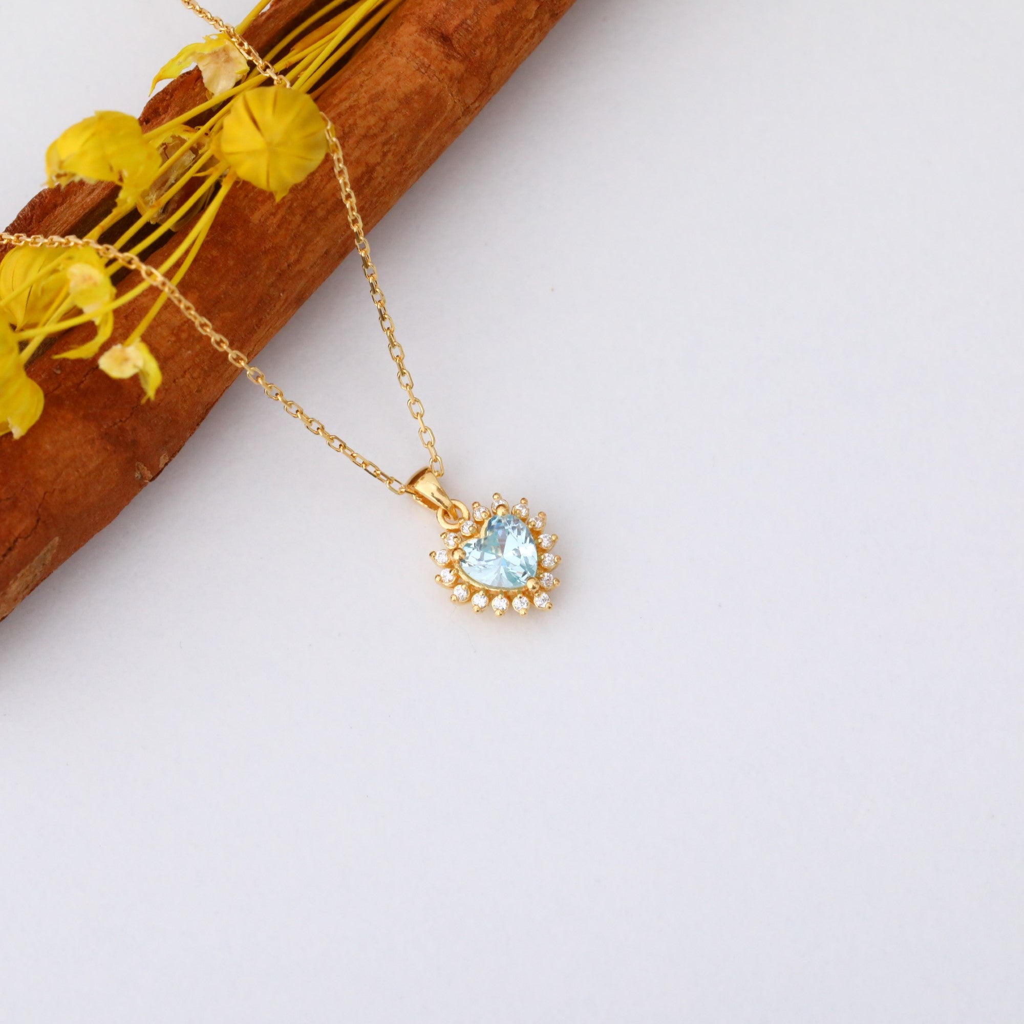 Aquamarine Heart Necklace Surrounded by Real Diamonds in 14K Solid Gold Pendant, March Birthstone Charms Queen Jewelry Necklace