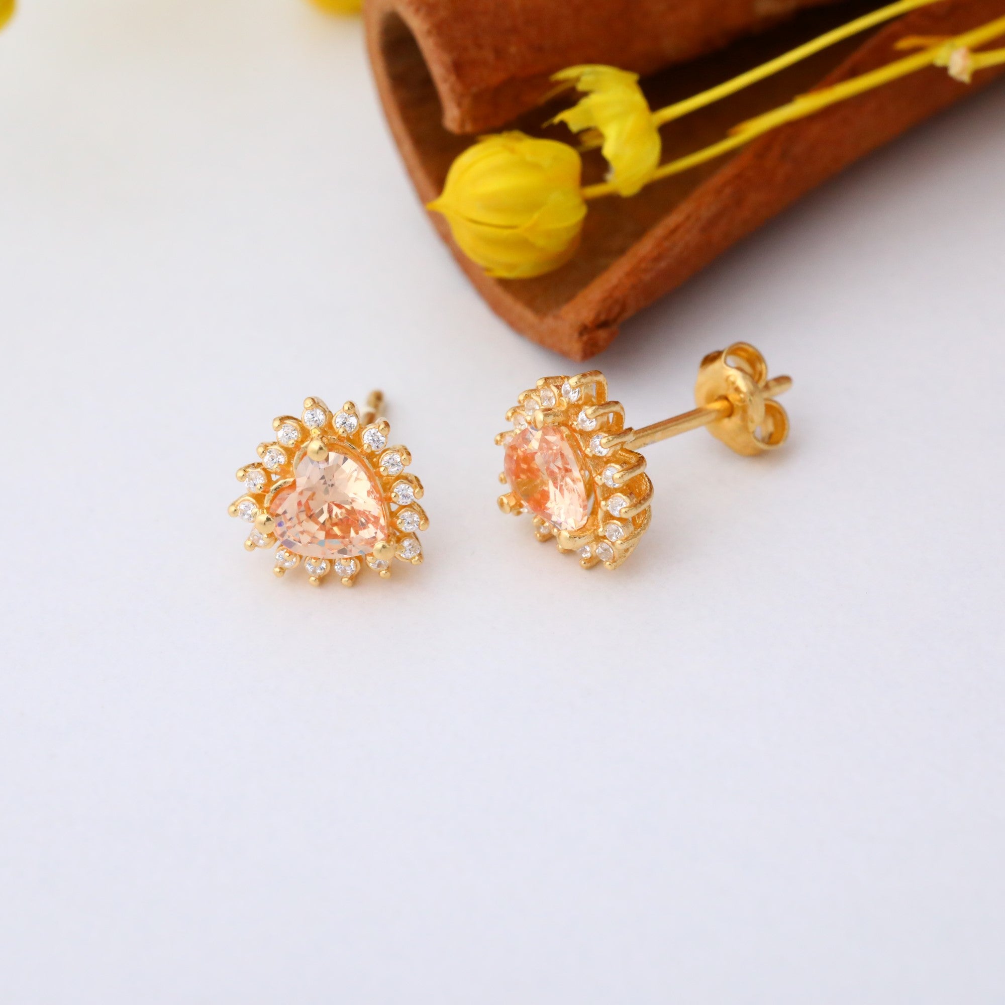 Citrine Heart Shaped Stud Earring in 14K Solid Gold surrounded by Real Diamonds, November Birthstone Jewelry Queen Jewelry Earrings