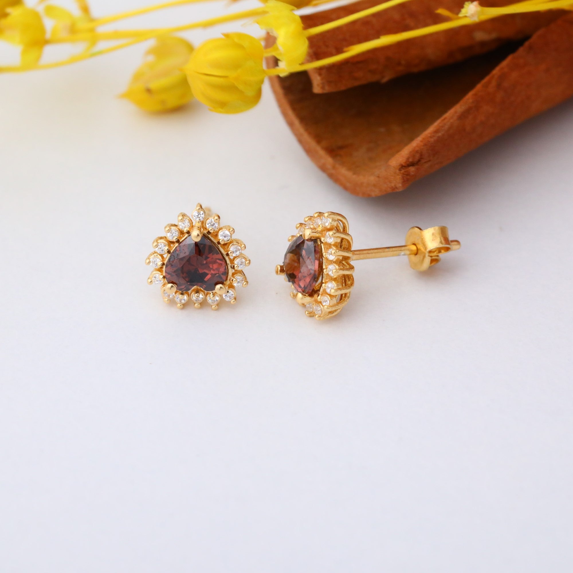 Smoky Quartz Heart Shaped Stud Earring in 14K Solid Gold surrounded by Real Diamonds, Birthstone Jewelry Queen Jewelry Earrings