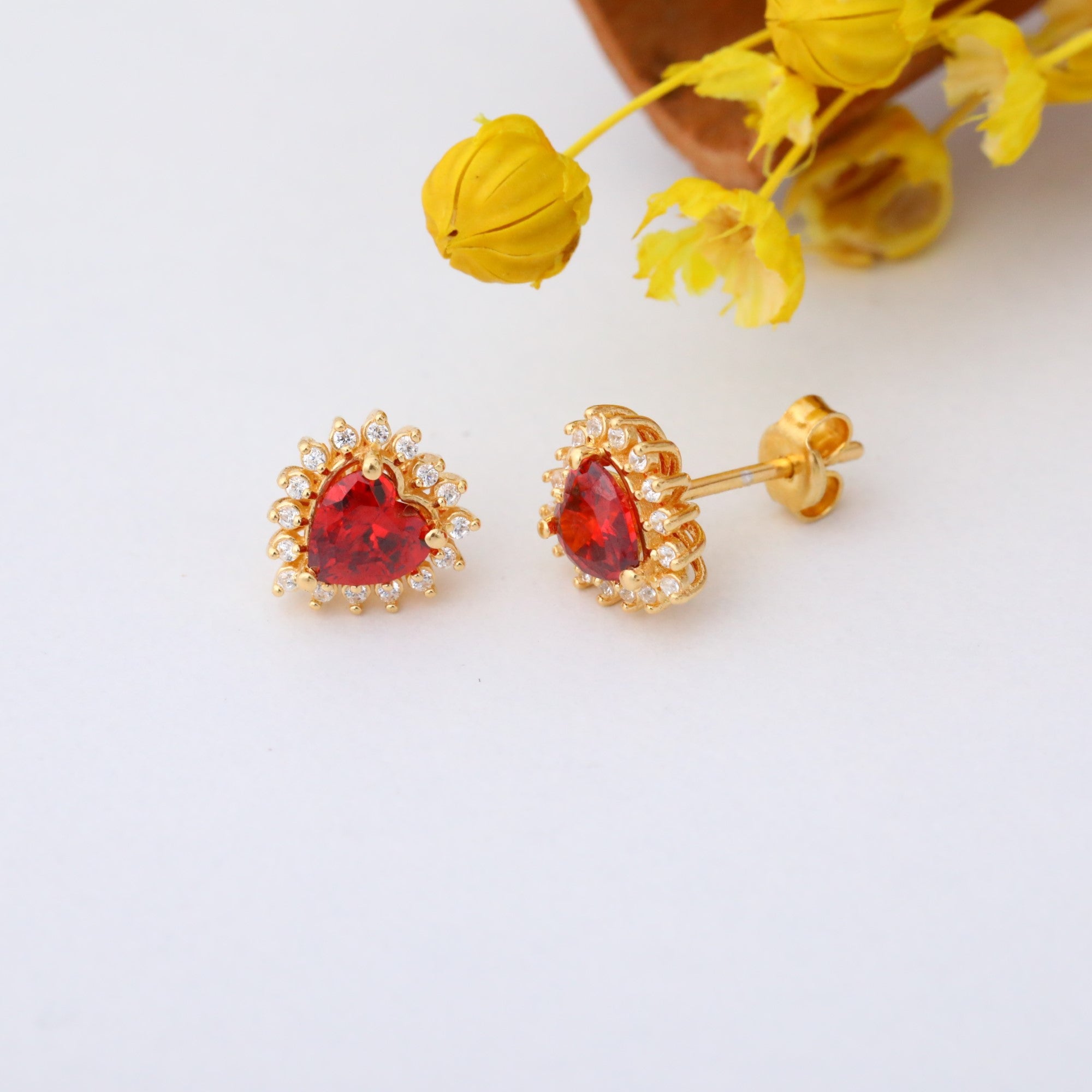 Garnet Heart Shaped Stud Earring in 14K Solid Gold surrounded by Real Diamonds, January Birthstone Jewelry Queen Jewelry Earrings