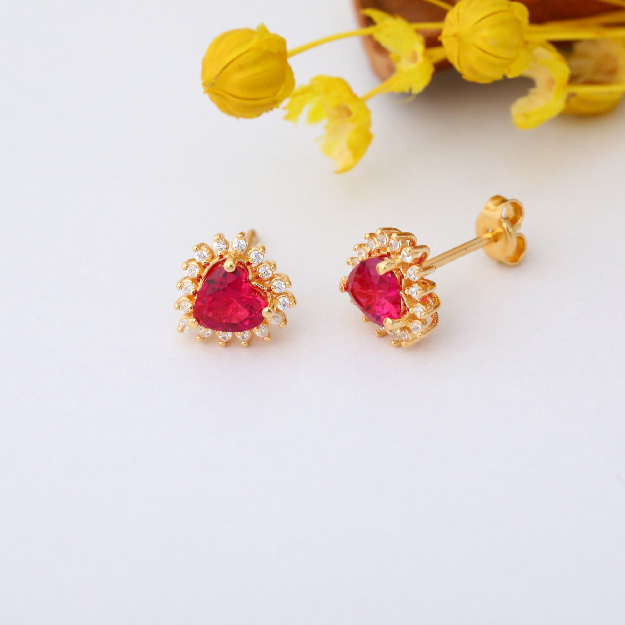Ruby Heart Shaped Stud Earring in 14K Solid Gold surrounded by Real Diamonds, July Birthstone Jewelry Queen Jewelry Earrings