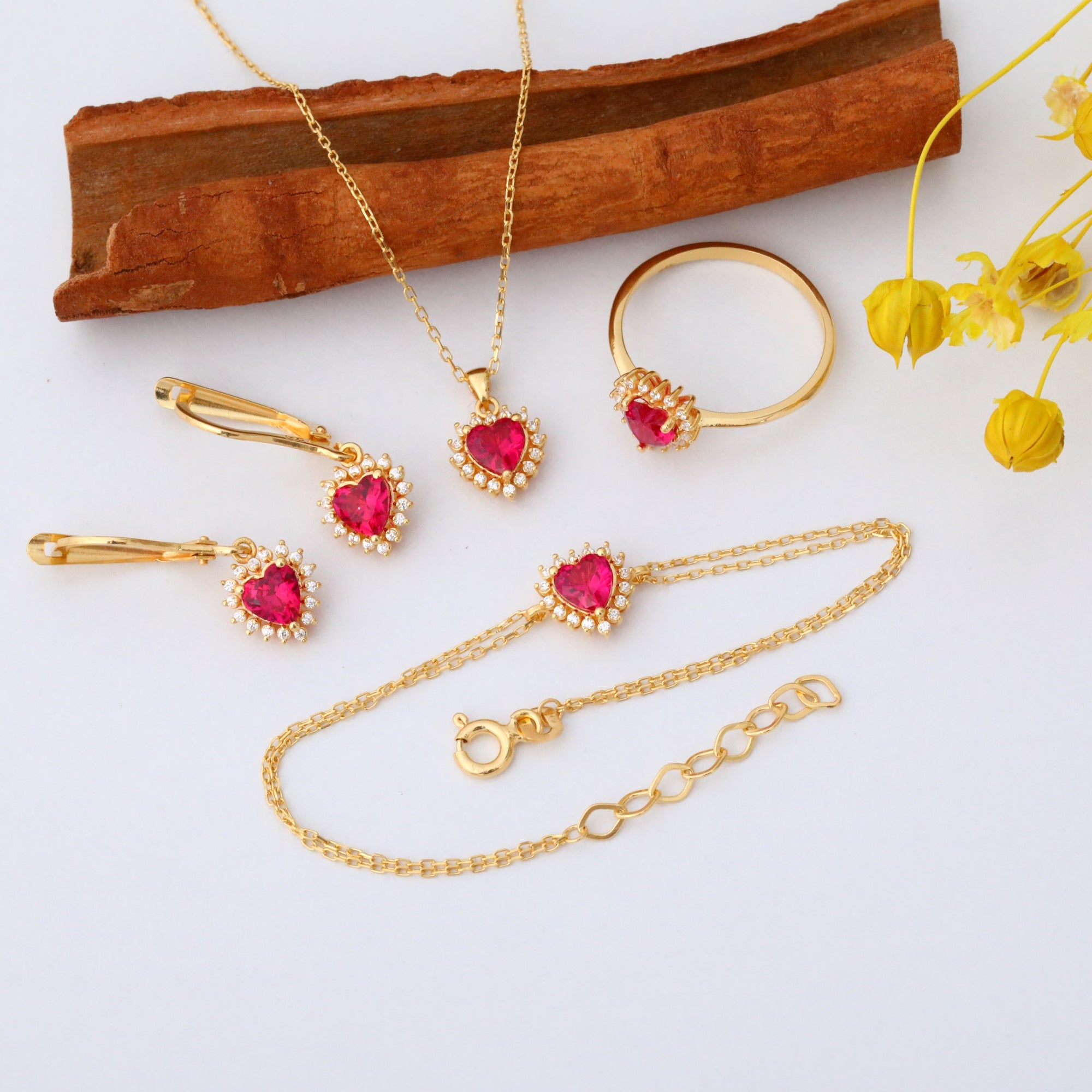 Ruby Heart Bracelet by 16 Real Diamonds in 14K Solid Gold, July Birthstone Jewelry Queen Jewelry Bracelet