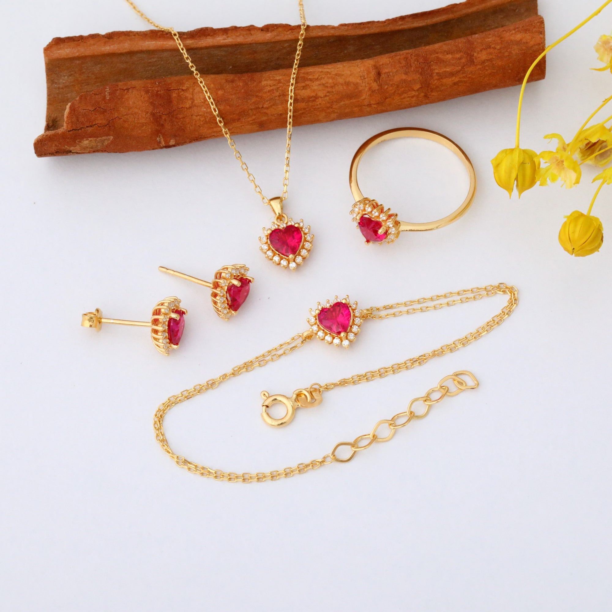 Ruby Heart Bracelet by 16 Real Diamonds in 14K Solid Gold, July Birthstone Jewelry Queen Jewelry Bracelet