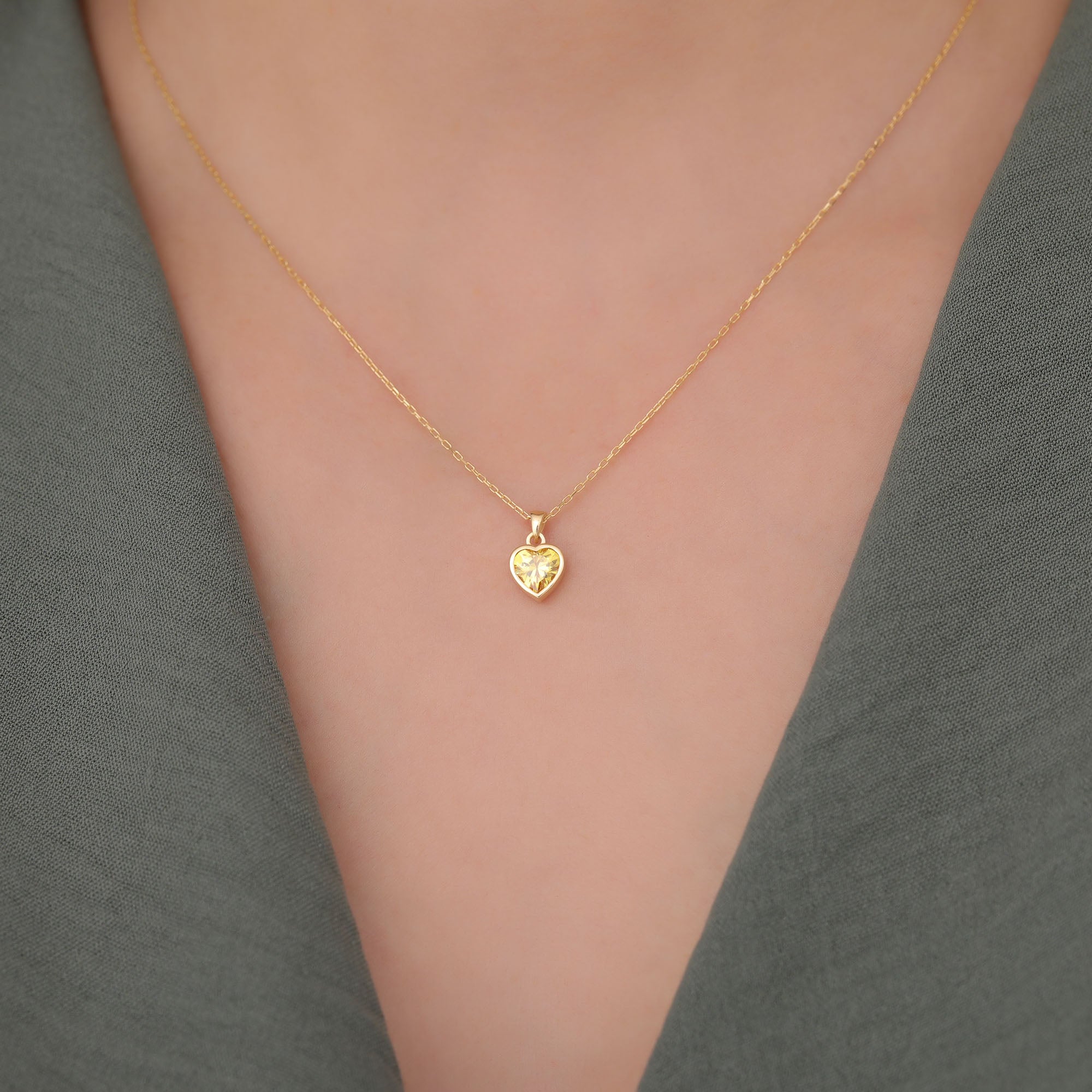 Heart Yellow Topaz Bezel Necklace in 14K Solid Gold, Birthstone Charm Pendant Queen Jewelry Necklace