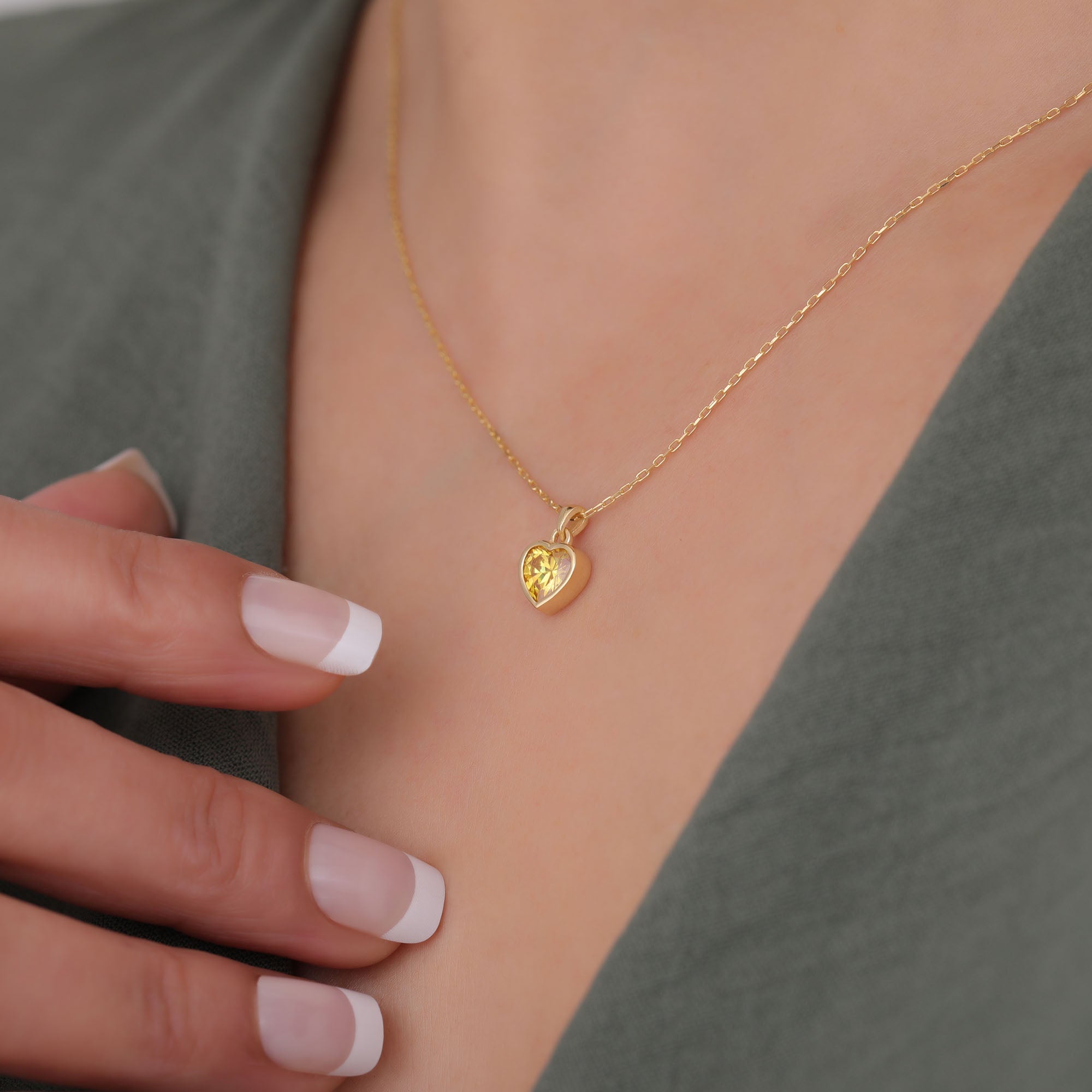 Heart Yellow Topaz Bezel Necklace in 14K Solid Gold, Birthstone Charm Pendant Queen Jewelry Necklace